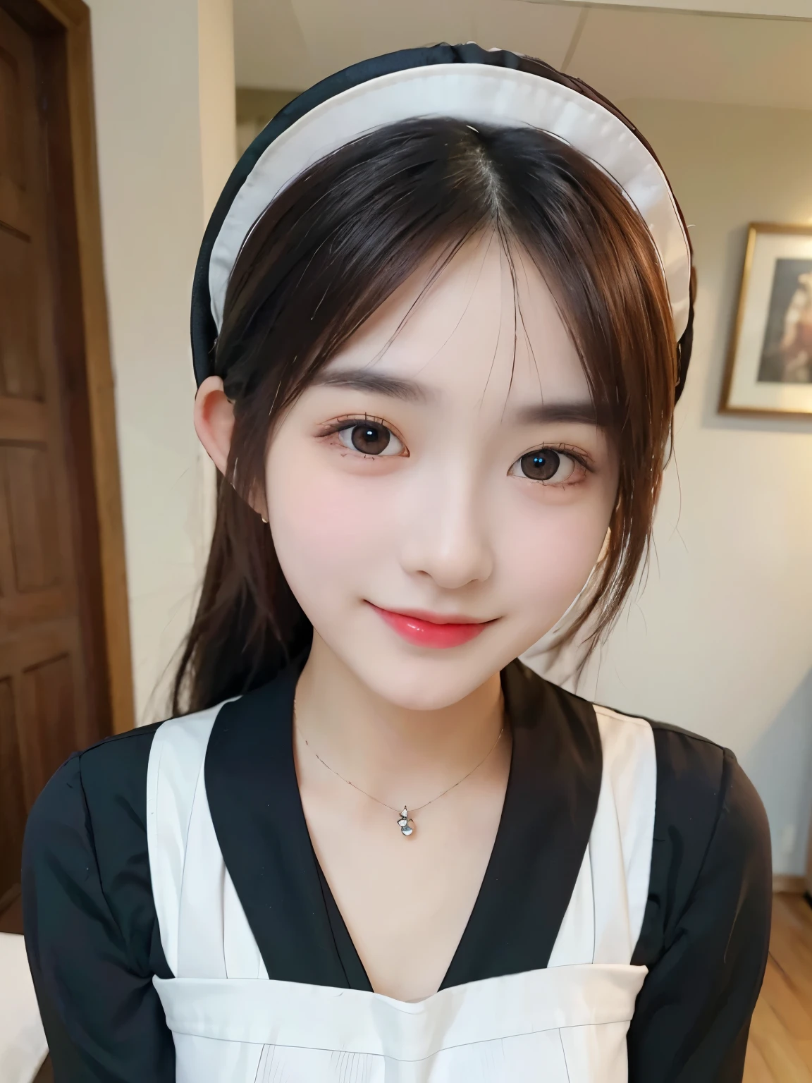 ((best quality)), ((masterpiece)), ((perfect face))、（detailed ）、Detailed and clear photos、((Gothic Maid Clothing))、slender body、smile