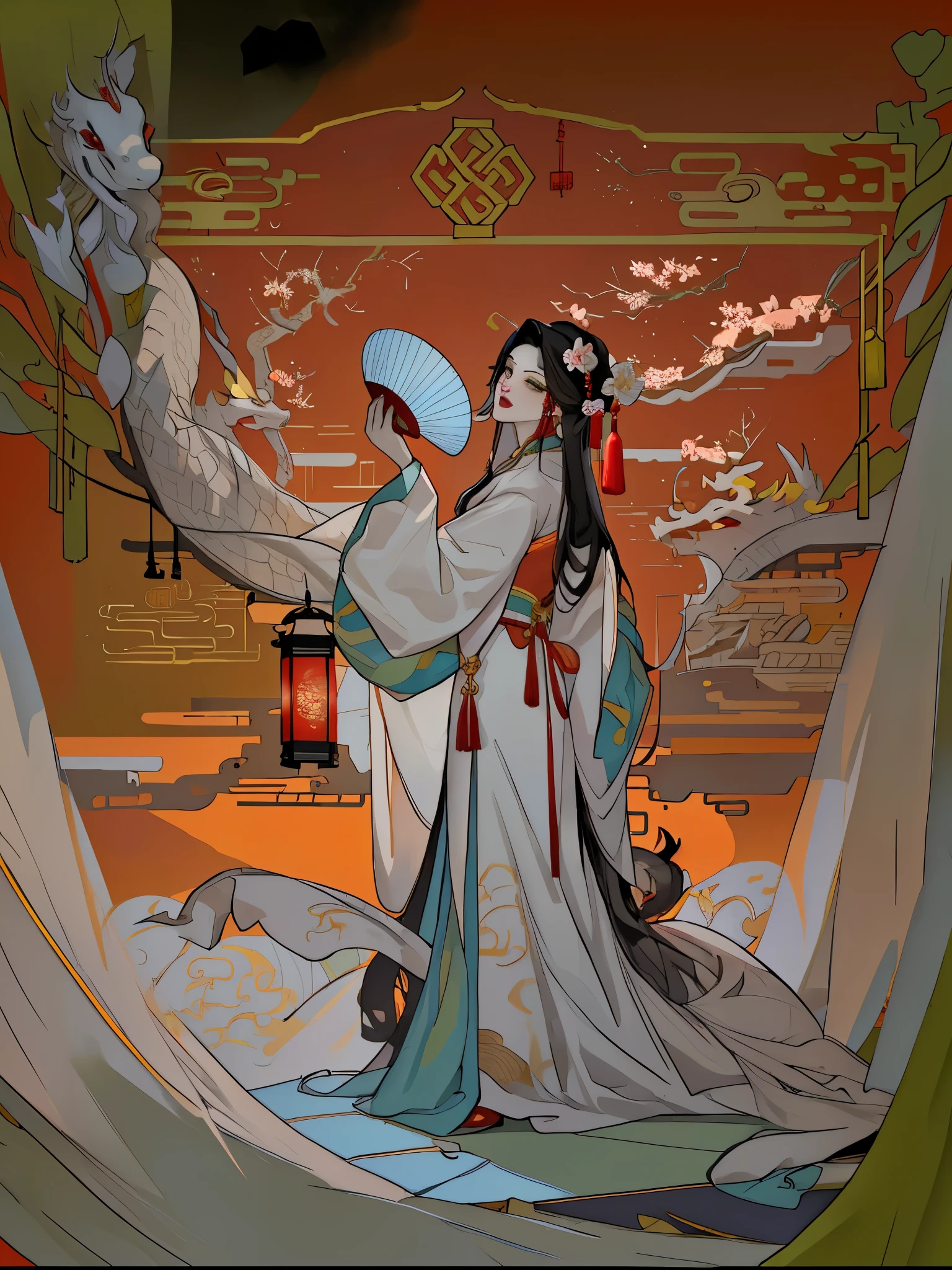 (best quality), ((masterpiece)), (highres), illustration, original, a woman singing opera on the stage, red, Beijing opera, drum, play box, radio, peeling opera facial makeup on face，Solo, 1Girl, holding, standing, long hair, (China_dress: 1.2), (green eyes: 1.1), colored candy, black hair, looking at the audience, upper body, (lantern/lamp: 1.1), flowers, Spring Festival, New Yeareworks: 1.1), long sleeves, Oriental dragon, white background, red shoes, hair accessories, blue theme, Chinese architectural background xiju,,solo,black hair,from side:1.4,hair ornament,makeup,long hair,chinese clothes,looking at viewer,long sleeves,upper body,headdress,eyeshadow,(red background:1.4),