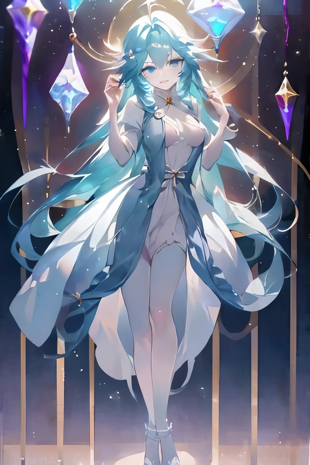 stand on tiptoes，Bells on ankles，Anime girl wearing blue clothes，blue hair and blue clothes, flowing magic robe, ((beautiful fantasy queen)), Astral Witch Clothes, full body xianxia, Beautiful celestial mage, heise jinyao, beautiful fantasy queen, jellyfish priestess, Cotton Cloud Mage Robe, ethereal essence, Gorgeous flowing robe, flowing hair and gown
