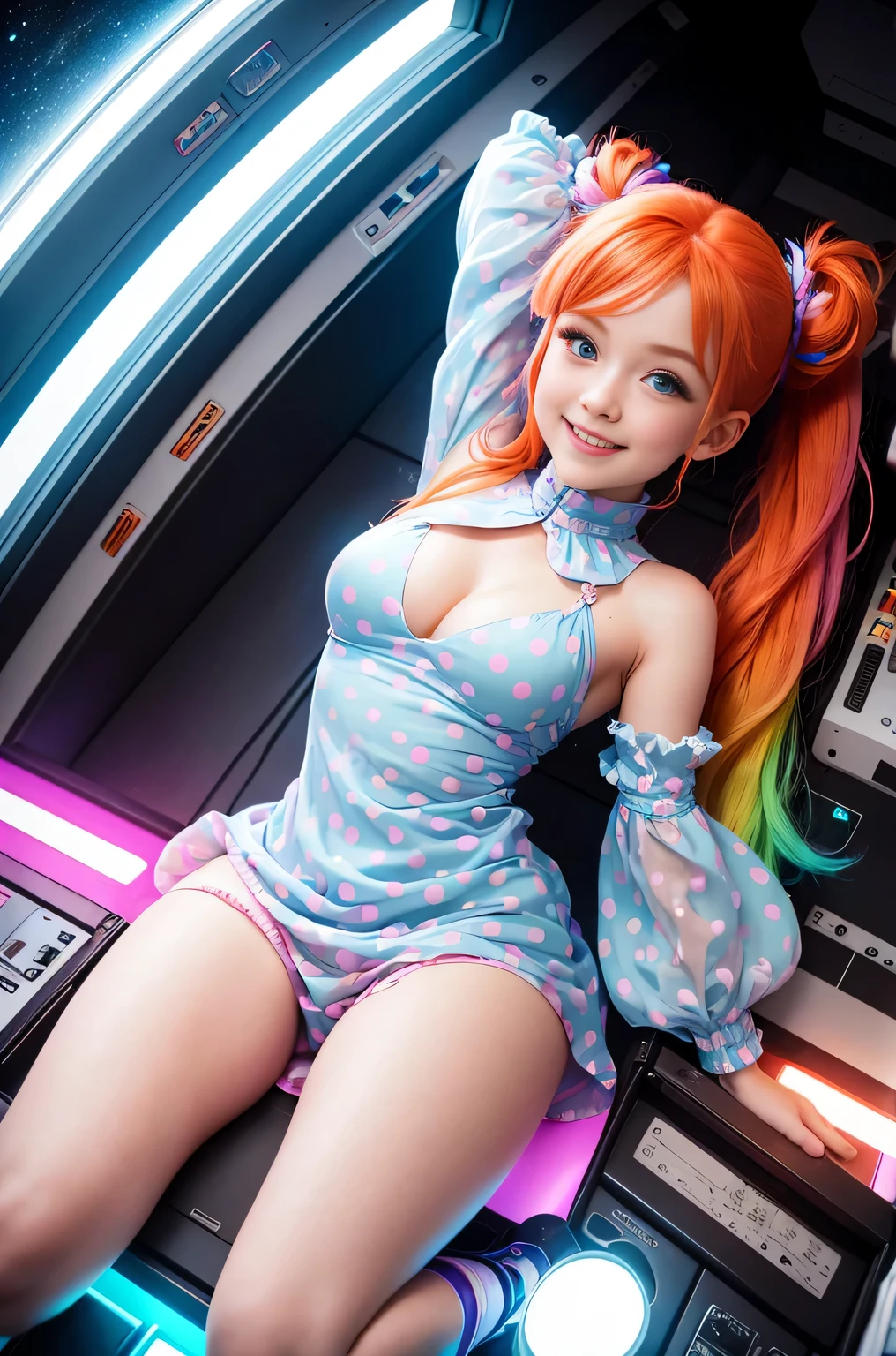 (overhead view) Cute redhead with rainbow colored hair tips, ribbons in her hair, 18-year-old woman, happy, smiling, in twin tails, perfect eyes, clear sparkling blue eyes, pale skin, silky smooth skin, flying a fancy metal luxurious space ship, futuristic cockpit, she's a pilot, outer space seen in windows, dark warm lighting, wearing a futuristic party dress, low cut top, pleated (chemise) mini dress (pastel rainbow colors, and polka dots), puffy sleeves, silk, pantyhose, cute short cut booties, boots.