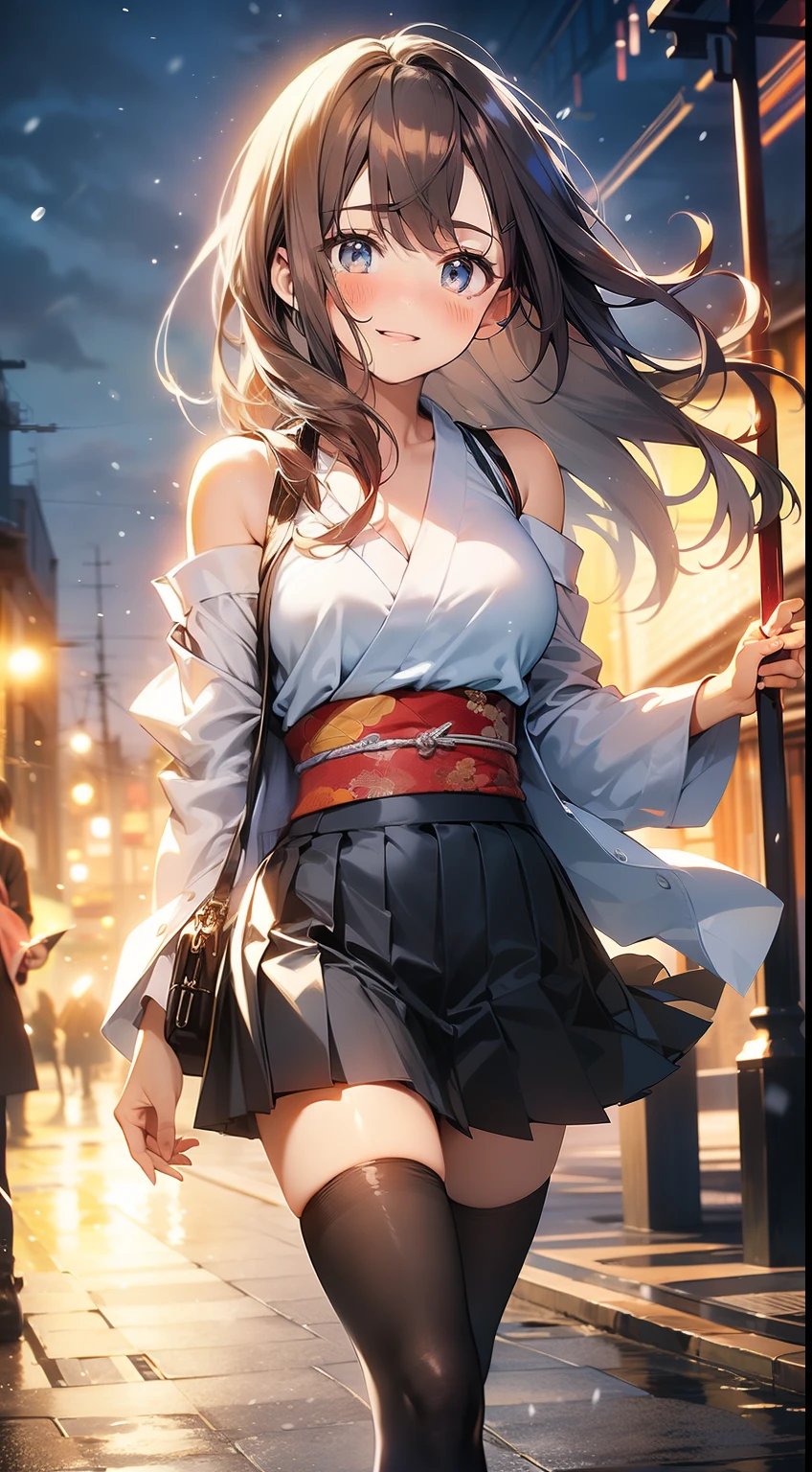((masterpiece, best quality, high resolution, ultra high definition, Pixel perfect, wide angle, 4K, RTX, human development report))), 1girl in, single, alone, Beauty、see whole body、 (( Reddish-brown hair , very long hair , Short Liuhai )), ((blue eyes, beautiful eyelashes, realistic eyes)), ((Detailed face, blush:1.2)), ((smooth texture:0.75, lifelike质感:0.65, lifelike:1.1, Anime CG style)), medium breasts, Perfect body, (( Japanese kimono, pleated skirt, bare shoulders ,Black tights ,Black boots)), Smile, body against wall , (The wind blows the long hair，bare shoulders、exposing her chest、Black tights) , Lakeside at night ,It was snowing heavily