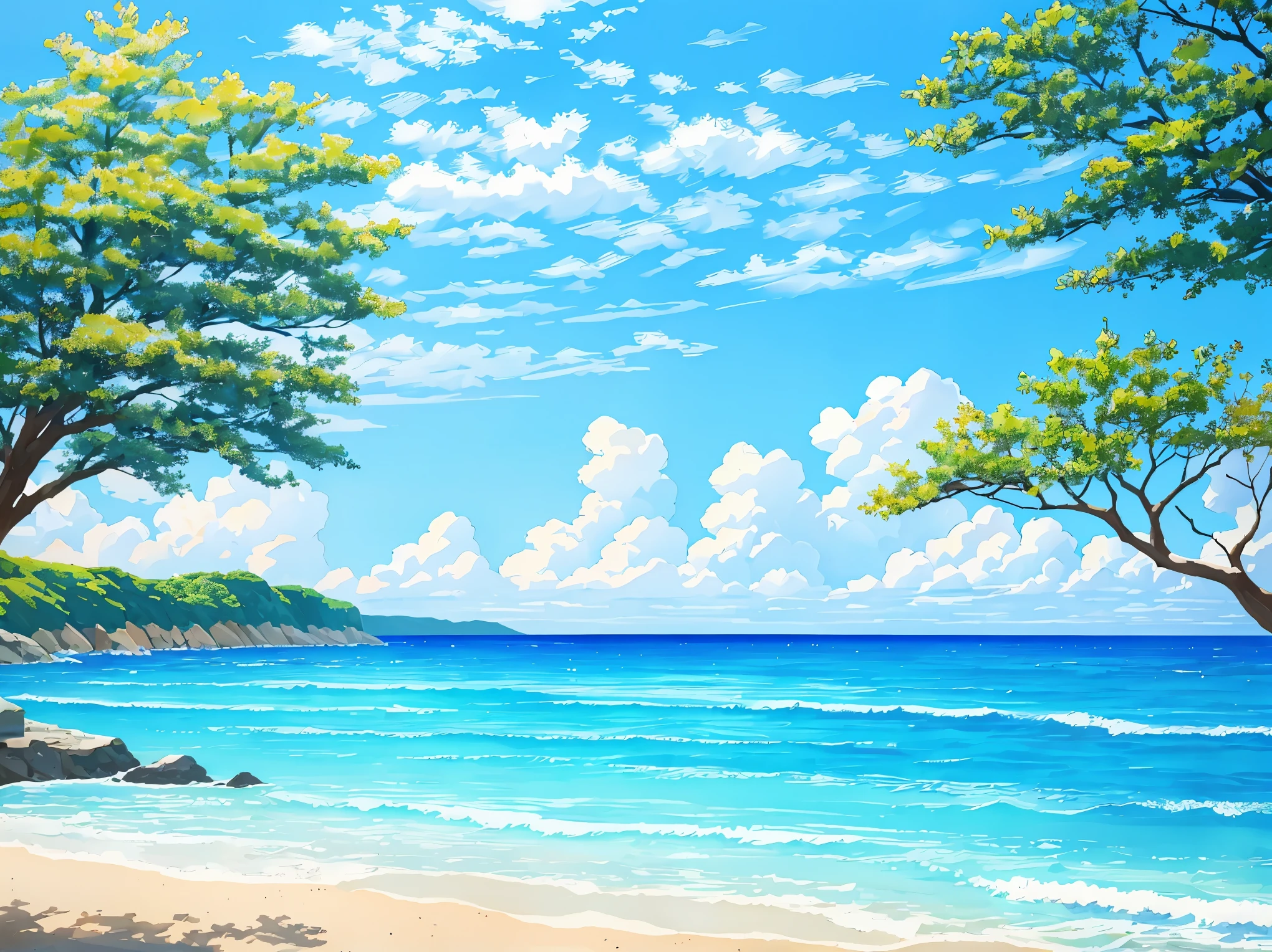 high sky、Deep sky、sea in front、Landscape painting、high open sky、beautiful blue skyとBeautiful tree々、spectacular scenery、detailed description、beautiful blue sky、Beautiful tree々green、deep depth