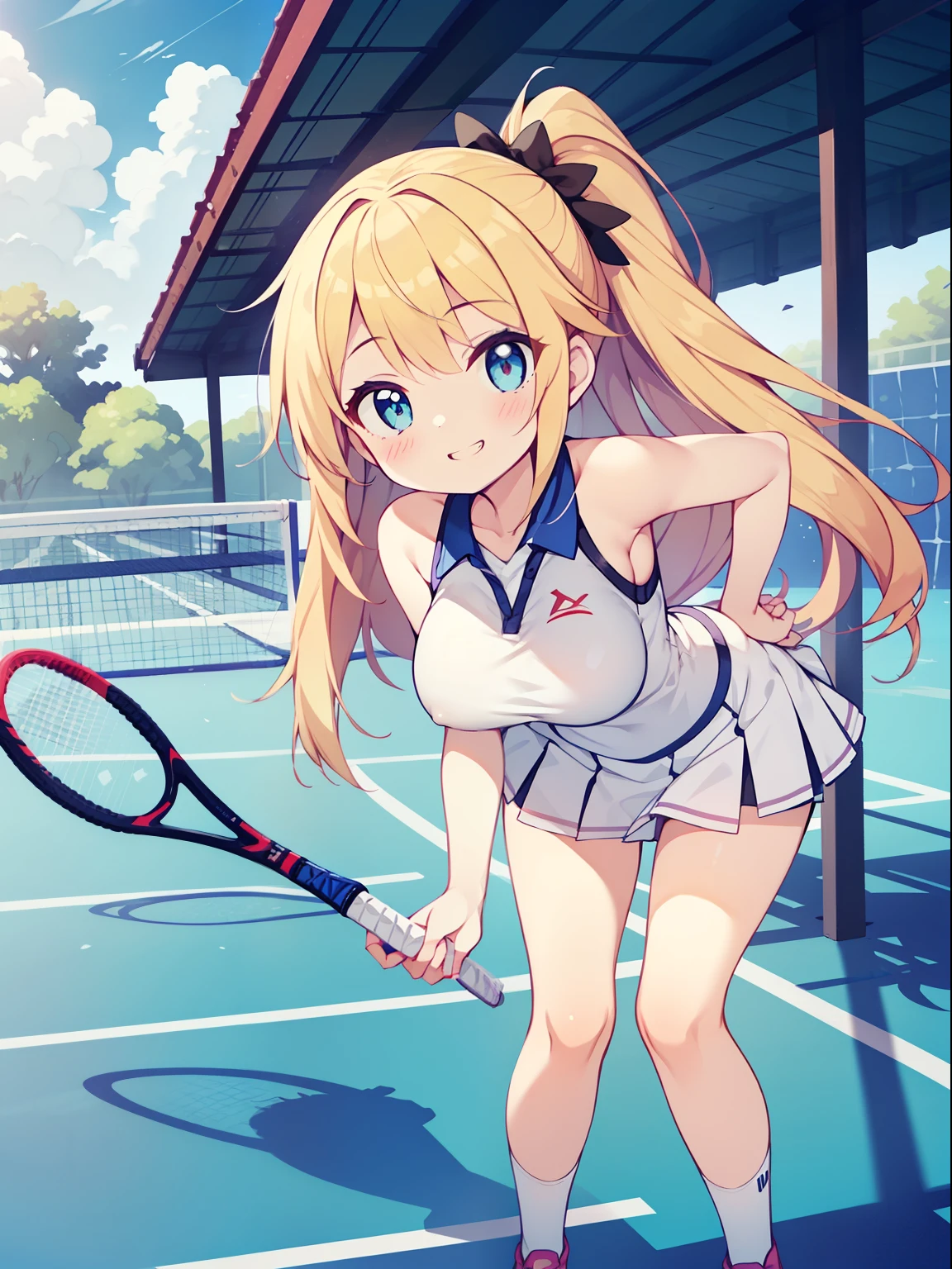 (girl:1.2), (1 person:1.2),(10歳のgirl)、若いgirl、big breasts、 nffsw、shader、highly detailed eyes、tennis wear(白色の無地のtennis wear、White tight skirt)、long hair、blonde、silky hair、ultra-intricate pupil in eyes、highest quality、bright colors、Bust 100、big breasts、Standing picture of the game、Stirring composition、Composition looking up from below、Put one foot forward、Show the soles of your feet、Pose that emphasizes the chest、rub your chest、grinning expression、eyes half closed、open your mouth、fold your hands behind your back、Hide your hands、evil smile、whole body、cute
