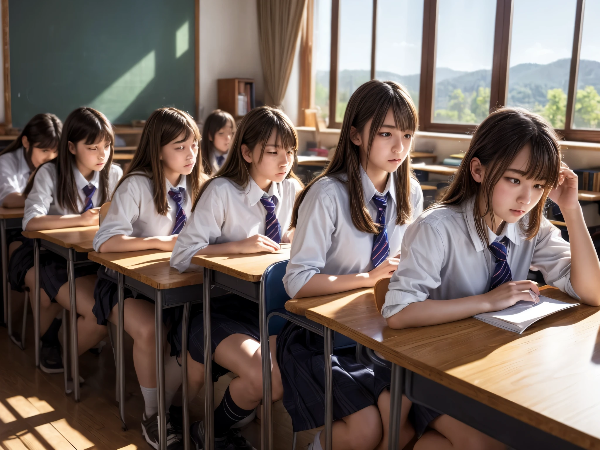 (Top Quality, 8K, High Resolution, masterpiece:1.2), ultra-detailed, realistic, physically based rendering, HDR, colorful lighting, In the classroom, schoolgirls are dozing, full body, 