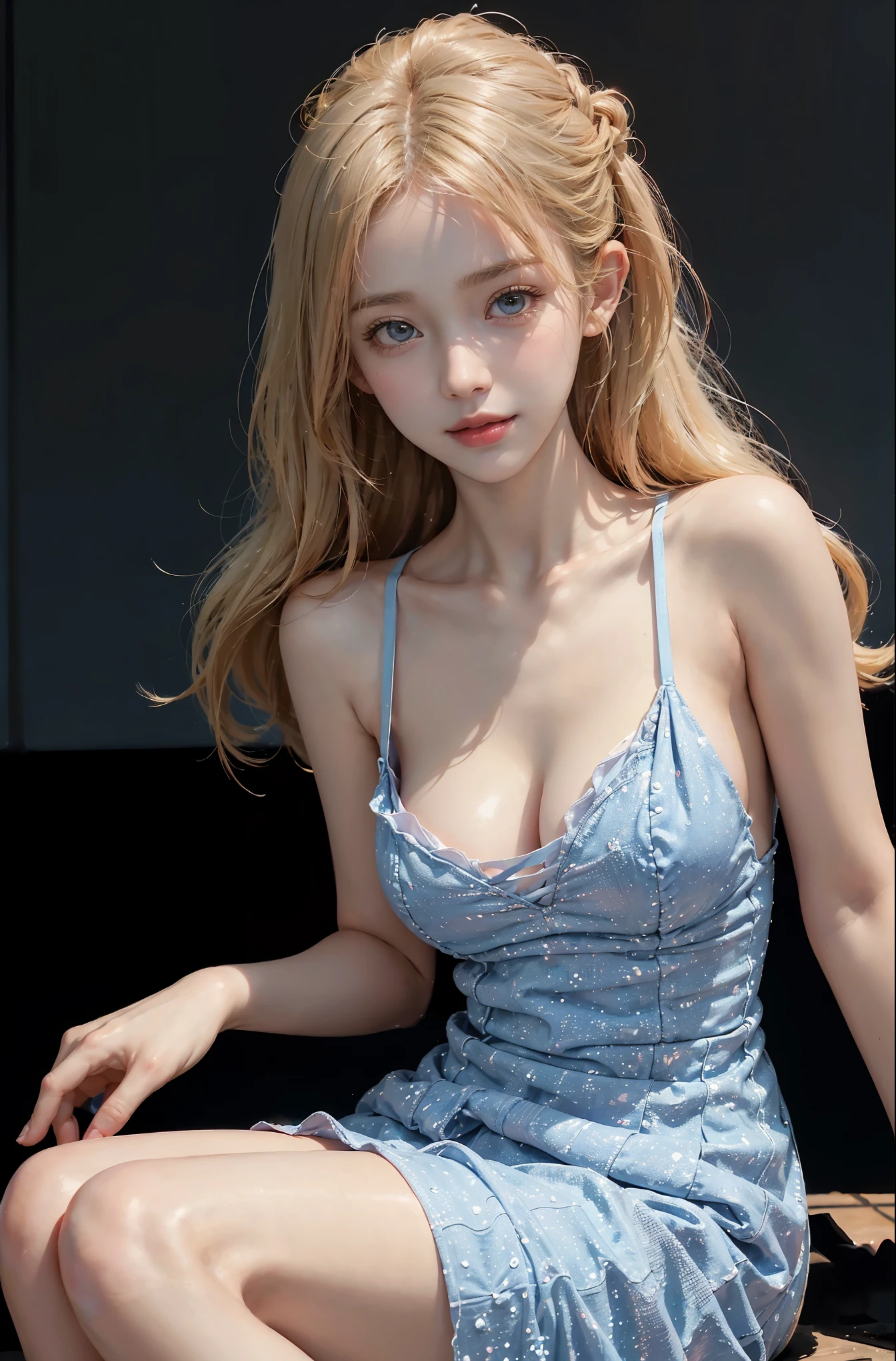 Special clothes53,dress, (knee shot), (Surrealism), (illustration), (Resolution enhancement), (8k), (Very detailed), (Best illustration), (beautiful and delicate eyes), (best quality), (super detailed), (masterpiece ), ( wallpaper), (Detailed face),one blonde, curls,(High top fade in and out:1.3), (Smile brightly, bright look), dark theme, soothing tone, pastel colors, high contrast, (natural skin texture, Surrealism主义, soft light, impatient),exposure blending, medium shot, Bokeh, (human development report:1.4), high contrast, (Movie, teal and orange:0.85), (pastel colors, fade, soothing tone:1.3), high saturation, (super detailed:1.2),(big breasts :1.2)