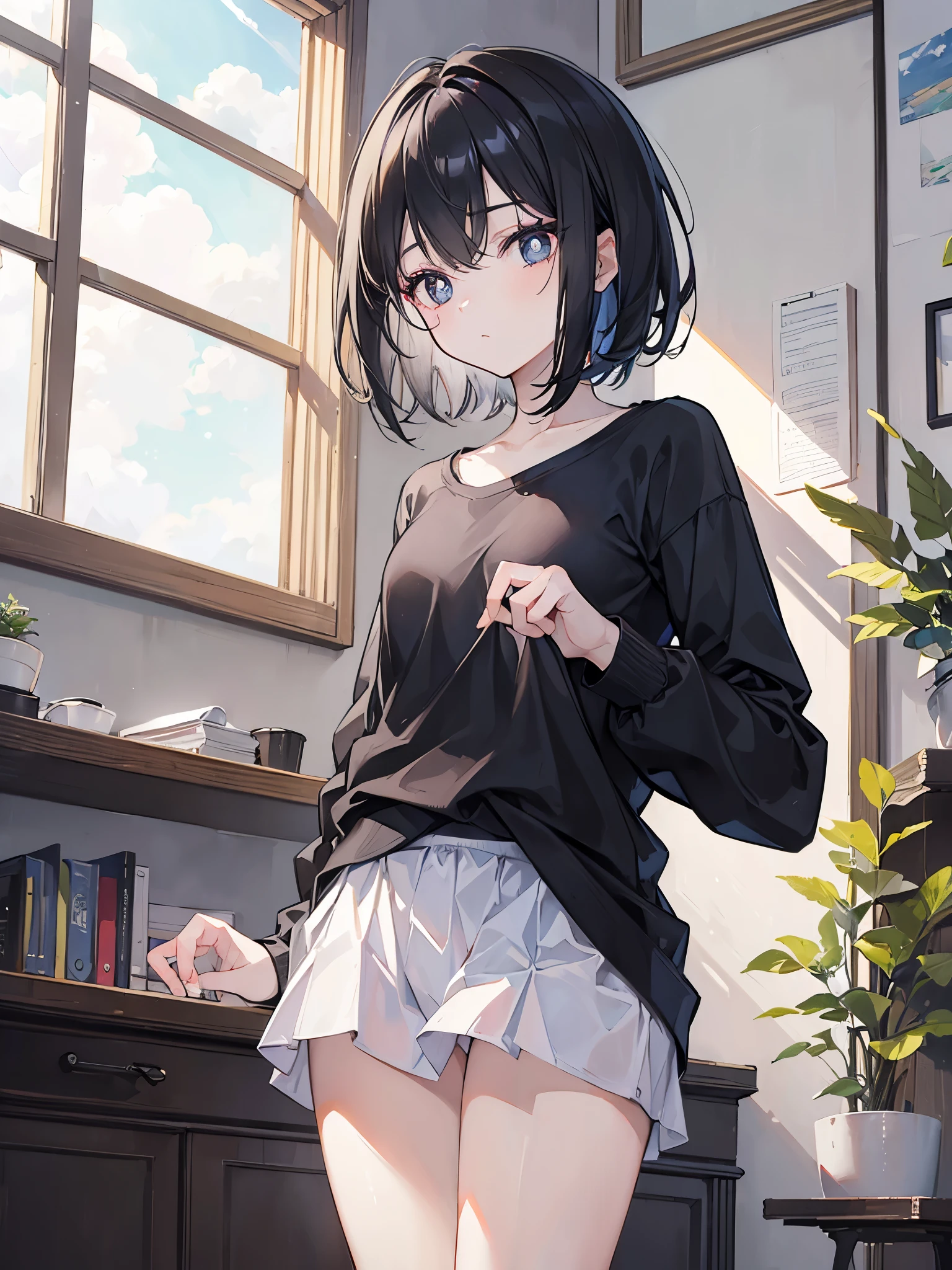 (best quality, masterpiece:1.3), 1 girl,long hair,alone, read, black hair, bright pupils, short hair, comb hair back,black long sleeve shirt, study, near window, good lighting, dream world