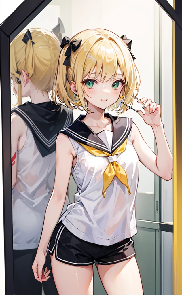 top quality、ultra precision、a girl、(Mirror sound_return)、green eyes、cute trumpet、short hair、white hair ribbon、hairpin、earphone、one blonde、tattoo number on arm、Sailor suit、black shorts、in、Yellow scarf、sleeveless、Smile、High school students、elder sister、White background