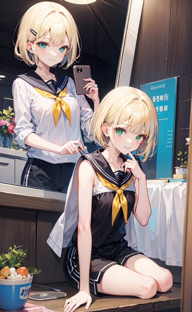top quality、ultra precision、a girl、(Mirror sound_return)、green eyes、cute trumpet、short hair、white hair ribbon、hairpin、earphone、one blonde、tattoo number on arm、Sailor suit、black shorts、in、Yellow scarf、sleeveless、Smile、High school students、elder sister、White background