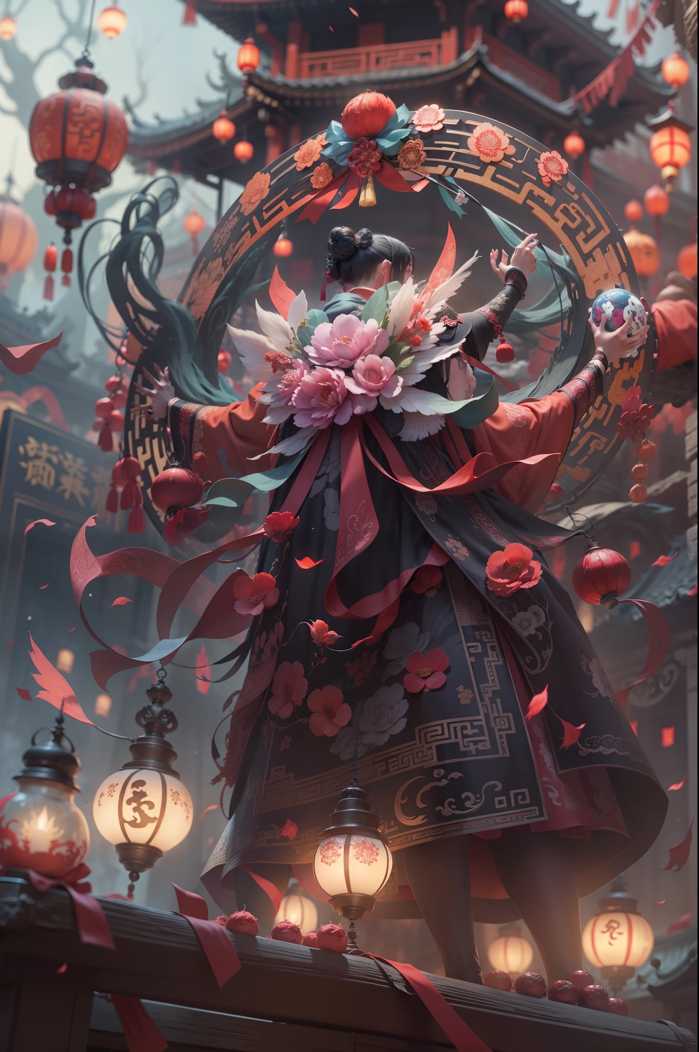 Chinese Ghost Festival，Middle Metaverse，The breath of a ghost，Worship the back，Masterpiece, otherworldly beauty, Surreal, 8K high resolution, smooth, Sharp focus, illustration, k, Ultra detailed, ultra-precise detail, bokeh lighting, Intricate, Epic