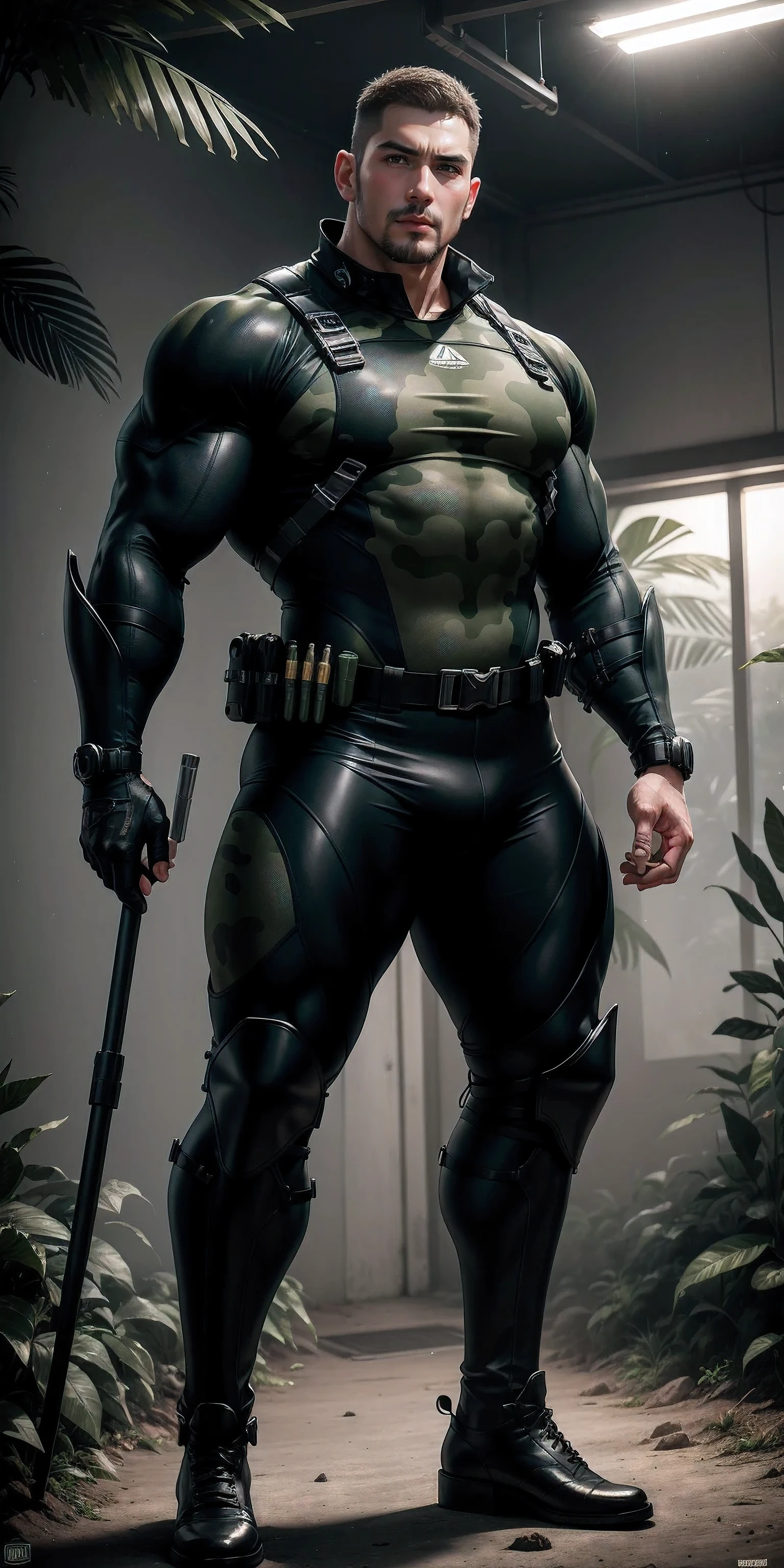 High, huge, muscular police officer with his mouth open and screaming..,Light khaki camouflage uniform,character idea(Resident Evil - chris redfield,chris redfield)senior police officer,Wearing a light khaki camouflage diving suit,Matte texture,regular symmetrical texture pattern,Standing in the dark sugar cane jungle, The body is wrapped in thick rattan,sad expression,Deep and charming eyes,Emerald Pupil Hero,heroic male pose,高大burly,muscular!Charming leg muscles,High, burly, Heqiang, Wearing a khaki camouflage wetsuit, Super gain and cool, high resolution committee, Big feet in black boots,Charming strong man,The bright sunshine is shining on you,matte particles,shiny texture