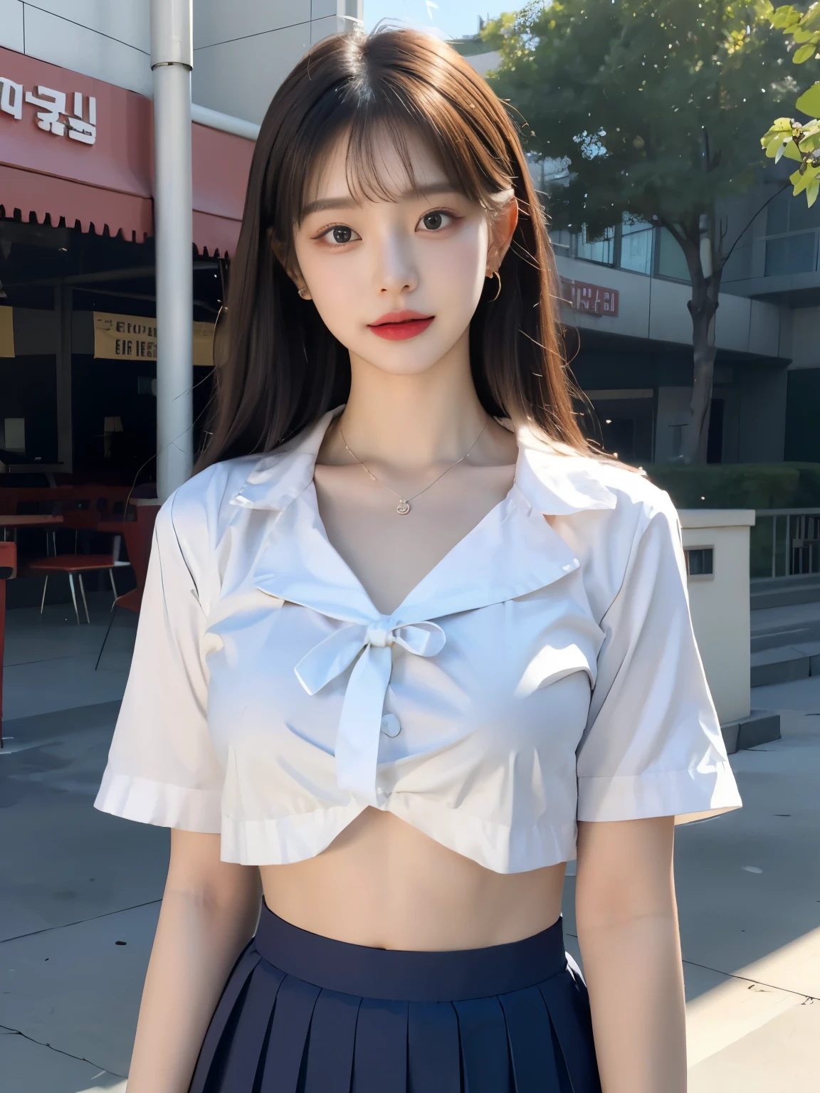 (韓国の美人な巨乳女子中学生がamusement parkを歩く:1.3)(Uplifting:1.2)(15 years old:1.5)(Blazer-style uniform:1.2)(Ample breasr:1.2),(sweating a lot)(short sleeve:1.5)(Generous breast:1.2)(huge boobs)(Gorgeous long or short blonde hair that is elegant and shiny and blows in the strong wind.:1.5)(smile:1.1)solo、NSFW,８K,(Skinny but with big breasts:1.4), small face:1.perfect anatomy body proportions、(NSFW:1.3)(:1.4)(necklace,Shiny shiny hair,shiny hair,beautiful hair,cute belly button,Sexy mole on the mouth,tattoo,big earrings:1.4),(Huge breasts that are about to burst: 1.2)(huge :1.2)(tight Sailor suit with ribbon:1.3)(amusement park,Sanrio Puroland:1.li(neat bangs:1.1)(makeup:1.3)(eyeliner,lipstick,:1.2)(high School uniform:1.5)(jacket:1.1)best quality, masterpiece, raw 32k photo,