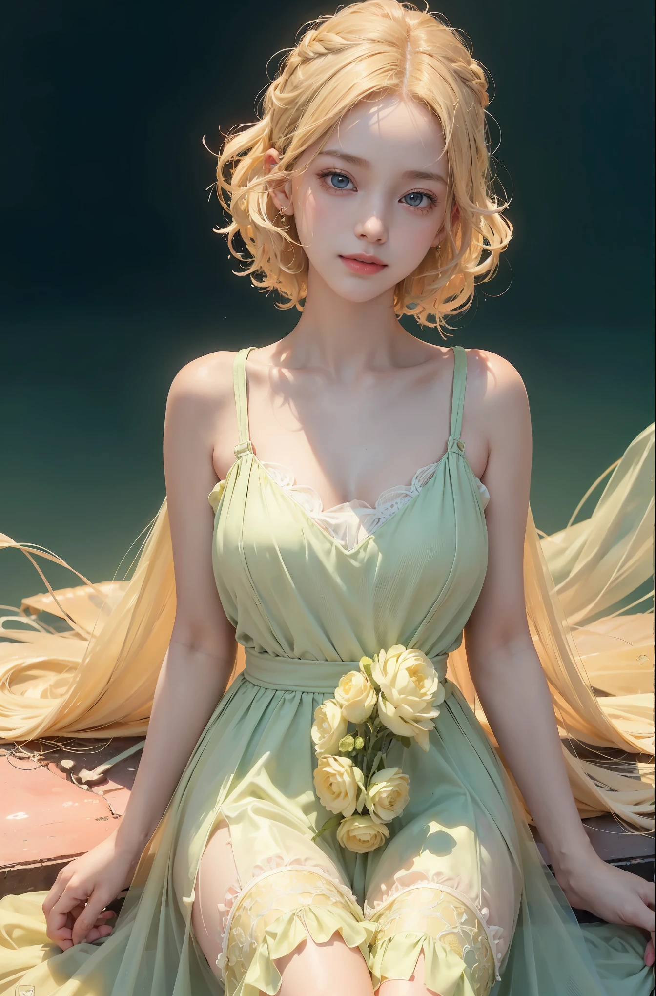 Sweet girl clothes9,yellow dress,, (knee shot), (Surrealism), (illustration), (Resolution enhancement), (8k), (Very detailed), (Best illustration), (beautiful and delicate eyes), (best quality), (super detailed), (masterpiece ), ( wallpaper), (Detailed face),one blonde, curls,(High top fade in and out:1.3), (Smile brightly, bright look), dark theme, soothing tone, pastel colors, high contrast, (natural skin texture, Surrealism主义, soft light, impatient),exposure blending, medium shot, Bokeh, (human development report:1.4), high contrast, (Movie, teal and orange:0.85), (pastel colors, fade, soothing tone:1.3), high saturation, (super detailed:1.2),(big breasts :1.2)