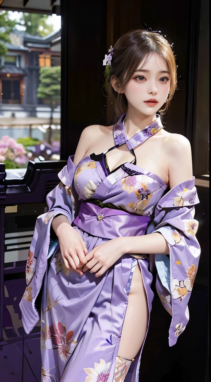 Amidst a picturesque setting, a woman graces the scene in the regal beauty of a purple kimono. The royal purple fabric, adorned with intricate patterns, elegantly drapes her form, embracing the essence of traditional charm. The obi, tying gracefully around her waist, adds a touch of sophistication to the ensemble. In this fully covered attire, she embodies an air of majestic tranquility, capturing the timeless allure of a woman in a resplendent purple kimono within the purple-hued setting