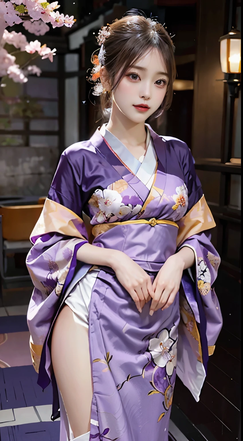 Amidst a picturesque setting, a woman graces the scene in the regal beauty of a purple kimono. The royal purple fabric, adorned with intricate patterns, elegantly drapes her form, embracing the essence of traditional charm. The obi, tying gracefully around her waist, adds a touch of sophistication to the ensemble. In this fully covered attire, she embodies an air of majestic tranquility, capturing the timeless allure of a woman in a resplendent purple kimono within the purple-hued setting