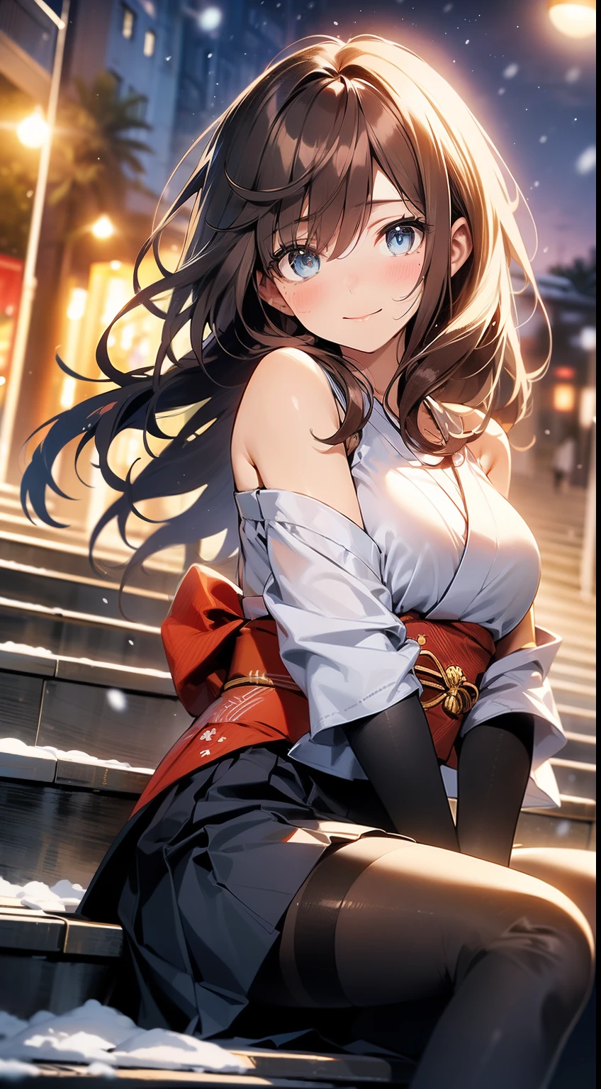 ((masterpiece, best quality, high resolution, ultra high definition, Pixel perfect, wide angle, 4K, RTX, human development report))), 1girl in, single, alone, Beauty、see whole body、 (( Reddish-brown hair , very long hair , Short Liuhai )), ((blue eyes, beautiful eyelashes, realistic eyes)), ((Detailed face, blush:1.2)), ((smooth texture:0.75, lifelike质感:0.65, lifelike:1.1, Anime CG style)), medium breasts, Perfect body, (( Japanese kimono, pleated skirt, bare shoulders ,Black tights ,Black boots)), Smile, sit on the steps , (The wind blows the long hair,bare shoulders、exposing her chest、Black tights) , Lakeside at night ,It was snowing heavily