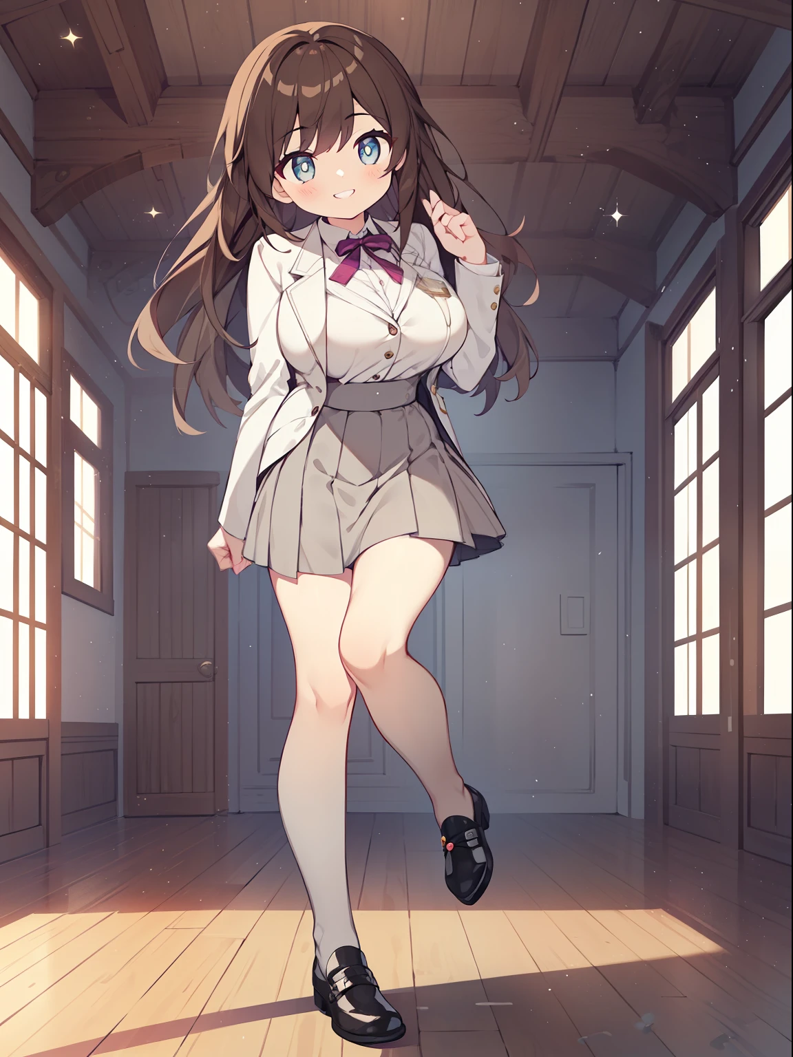 (Girl in a suit:1.2), (1 person:1.2),(10 year old girl)、young girl、big breasts、 nffsw、shader、highly detailed eyes、suit figure(White shirt、gray tight skirt、Grey suit jacket)、long hair、light brown hair、silky hair、ultra-intricate pupil in eyes、highest quality、bright colors、Bust 100、big breasts、Standing picture of the game、Stirring composition、Composition looking up from below、Put one foot forward、Show the soles of your feet、Pose that emphasizes the chest、rub your chest、grinning expression、eyes half closed、open your mouth、fold your hands behind your back、Hide your hands、evil smile、whole body、cute