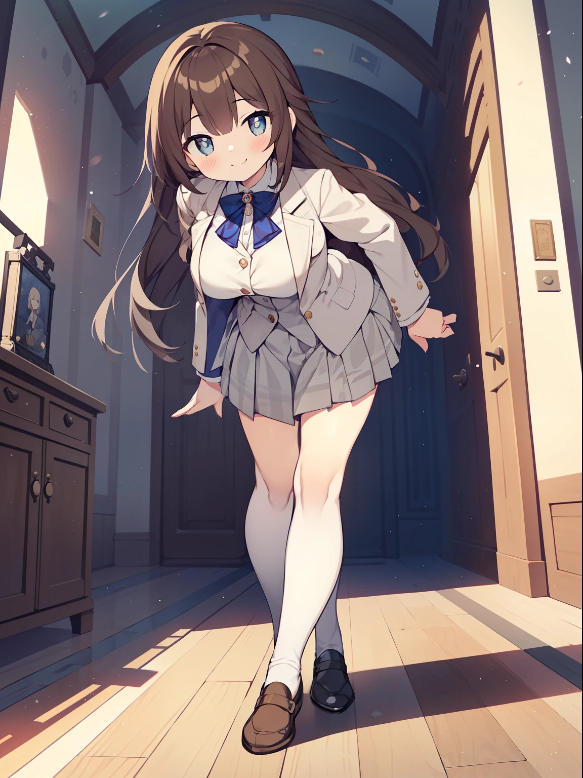 (Girl in a suit:1.2), (1 person:1.2),(10 year old girl)、young girl、big breasts、 nffsw、shader、highly detailed eyes、suit figure(White shirt、gray tight skirt、Grey suit jacket)、long hair、light brown hair、silky hair、ultra-intricate pupil in eyes、highest quality、bright colors、Bust 100、big breasts、Standing picture of the game、Stirring composition、Composition looking up from below、Put one foot forward、Show the soles of your feet、Pose that emphasizes the chest、rub your chest、grinning expression、eyes half closed、open your mouth、fold your hands behind your back、Hide your hands、evil smile、whole body、cute