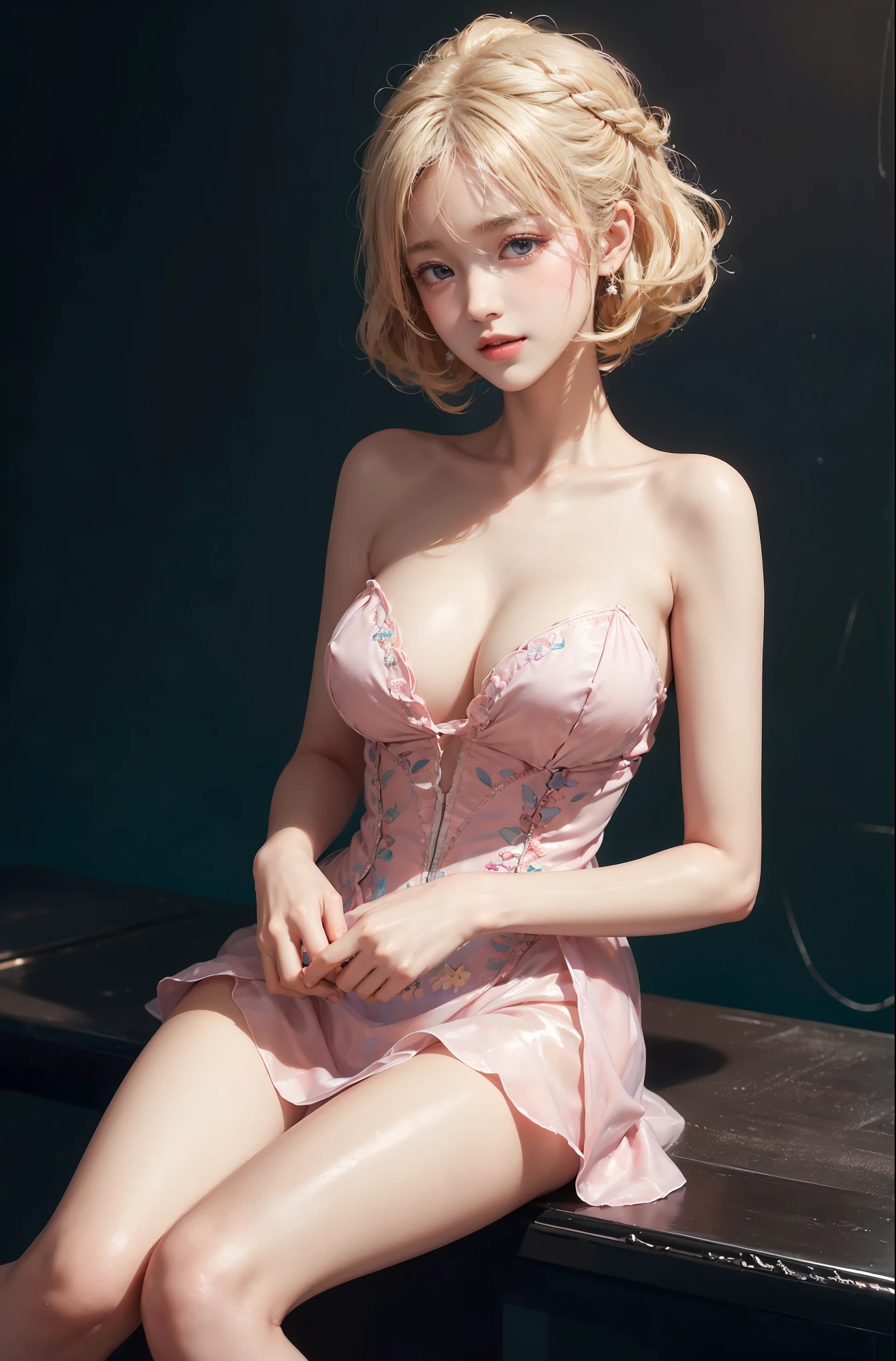 Sweet girl clothes4,strapless dress,jewelry, (knee shot), (Surrealism), (illustration), (Resolution enhancement), (8k), (Very detailed), (Best illustration), (beautiful and delicate eyes), (best quality), (super detailed), (masterpiece ), ( wallpaper), (Detailed face),one blonde, curls,(High top fade in and out:1.3), (Smile brightly, bright look), dark theme, soothing tone, pastel colors, high contrast, (natural skin texture, Surrealism主义, soft light, impatient),exposure blending, medium shot, Bokeh, (human development report:1.4), high contrast, (Movie, teal and orange:0.85), (pastel colors, fade, soothing tone:1.3), high saturation, (super detailed:1.2),(big breasts :1.2)