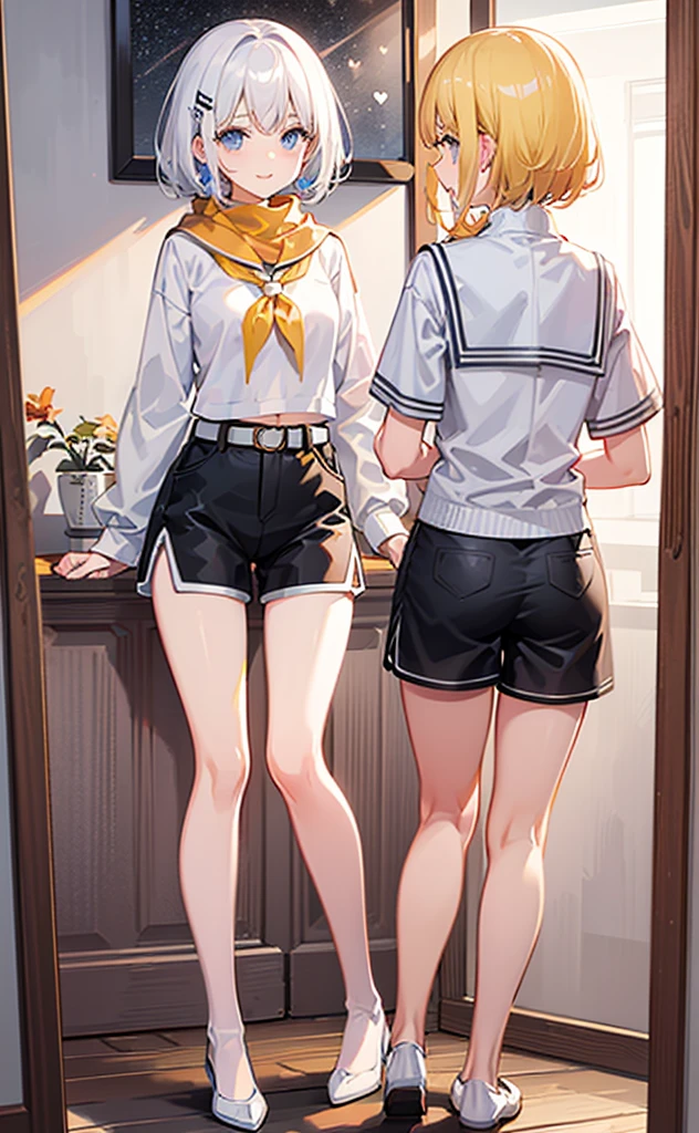 top quality、ultra precision、a girl、(Mirror sound_return)、green eyes、cute trumpet、short hair、white hair ribbon、hairpin、earphone、one blonde、tattoo number on arm、Sailor suit、black shorts、in、Yellow scarf、sleeveless、Smile、High school students、elder sister、White background
