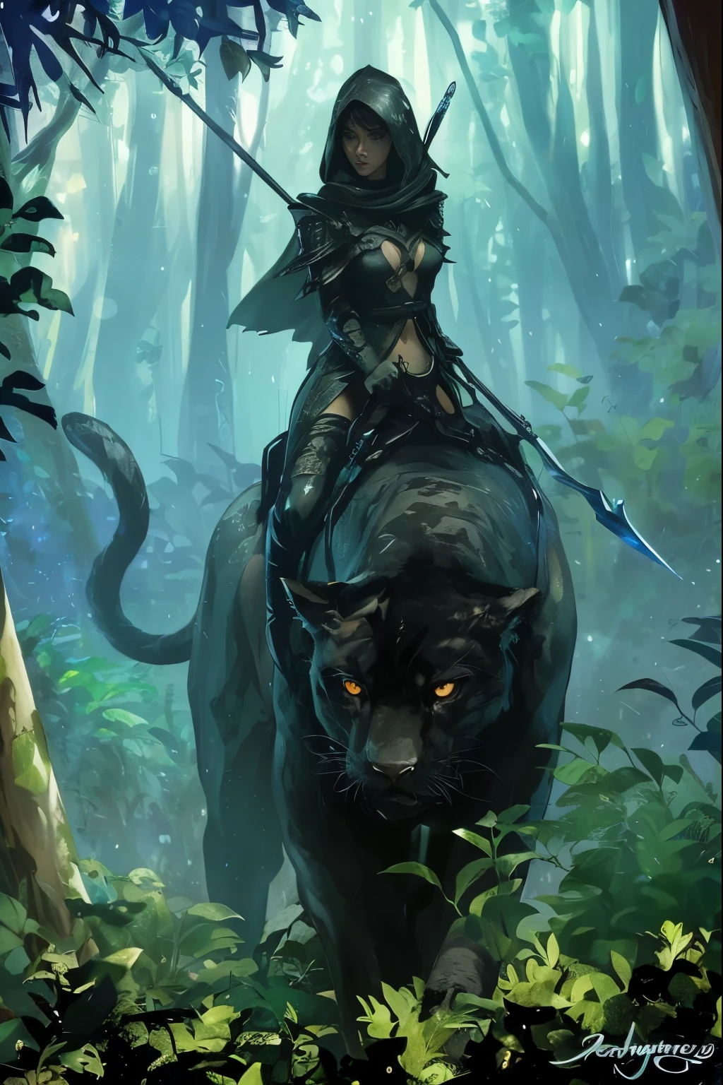 A mysterious figure with black hair, a beautiful lady with panther like movement, stealthily making her way through the dense jungle underbrush at night. The only source of light comes from the glowing bioluminescence of moths and butterflies, creating an otherworldly atmosphere. The jungle path ahead is barely visible, illuminated only by the faint crescent moon in the sky. The level of detail and realism in this image, rendered in stunning 8k resolution, will leave you in awe.,Masterpiece,photorealistic,photo of perfecteyes eyes,perfect,hand