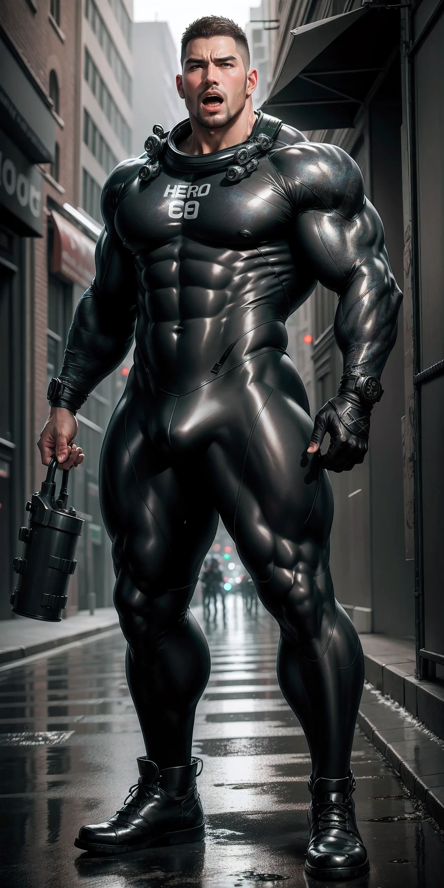 A High, huge, Muscular man opens his mouth and screams.,Light gray camouflage uniform,character idea(Resident Evil - chris redfield,chris redfield)Wearing a light gray camouflage wetsuit,Tangled tightly by thick octopus tentacles,regular symmetrical texture pattern,Standing on the street with octopus tentacles, Lots of slime octopus and sludge,sad expression,Deep and charming eyes,Emerald Pupil Hero,heroic male pose,高大burly,muscular!Charming leg muscles,High, burly, Heqiang, Wearing a light gray camouflage wetsuit, Super gain and cool, high resolution committee, Big feet in black boots,Charming strong man,The bright sunshine is shining on you,matte particles,shiny texture
