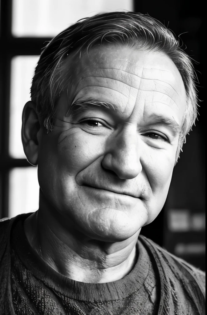 robin williams, happy, posing in art studio, window in background, looking at viewer, portrait, (textured skin, skin pores:1.2), (moles:0.8), (imperfect skin:1.1), intricate details, goosebumps, flawless face, ((photorealistic):1.1), (raw, 8k:1.2), hyper realistic, HDR, cinematic,, dark, muted colors, slate atmosphere, ((macro lens))