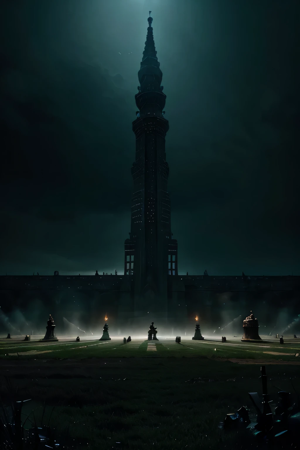 Visualize a grand chessboard where heavenly soldiers and hellish creatures, each piece a unique warrior, engage in an epic battle. The scene is bathed in a radiant light that casts an ethereal glow, highlighting the intricate details of each character. The background features towering structures under a divided sky, adding depth and scale to the scene. Imagine this intense struggle, where every move is a battle and every capture a casualty.Change the lighting setting and color perfectly matched into ambient eerie style of it.