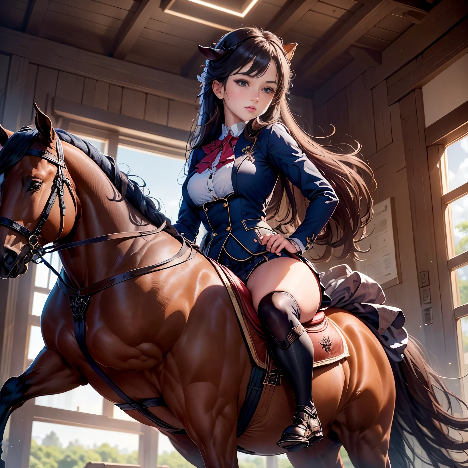 retina, table top, Accurate, ((anatomically correct)), rough skin, Super detailed, advanced details, high quality, award-winning, 最high quality, High resolution, 8K,British equestrian of female aristocracy、dynamism,powerful,(Overcoming obstacles on horseback),a classy woman,Beauty aristocracy,Equestrian School Uniforms,cute,Students and Female Teachers、Riding a horse with the reins in your hands、Feeling of sprinting、Running horses,(Horseback riding exercises),detailed face、Horse riding practice,Field Stadium、Diagram viewed diagonally from above、