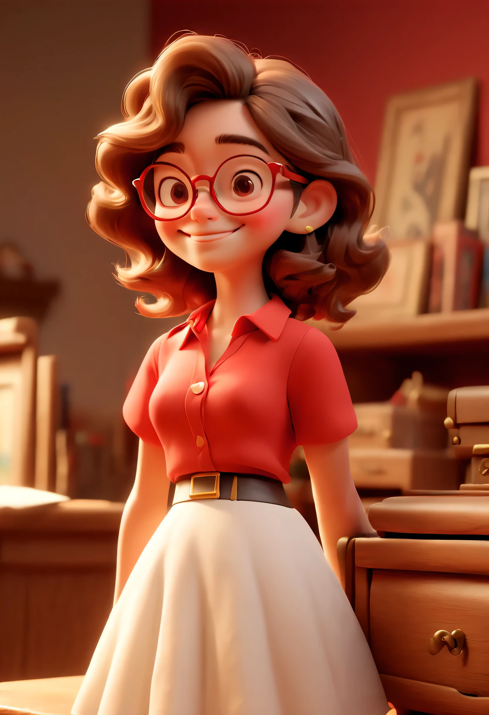  (3D Disney Pixar style:1.3),(Small breasts:1.3),(masterpiece, best quality:1.4), (beautiful, aesthetic, perfect, Beautifully, complex:1.2),((best quality)), ((masterpiece)), (detailed),(high resolution:1.2), classroom, An adult female, Smiling Claudia Chefer, Red shirt, white skirt, Glasses, bend over, perspective,