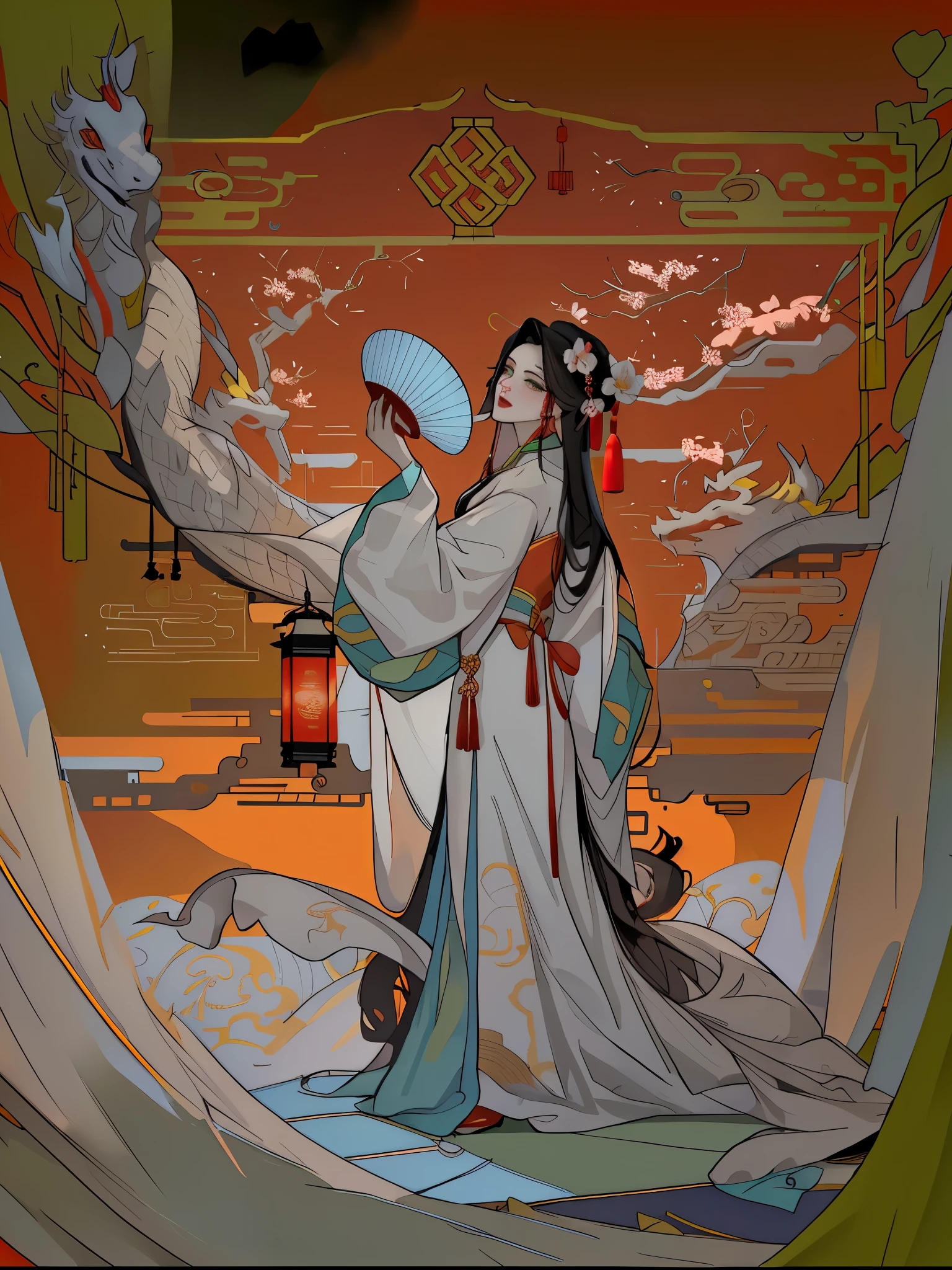 (best quality), ((masterpiece)), (highres), illustration, original, a woman singing opera on the stage, red, Beijing opera, drum, play box, radio, peeling opera facial makeup on face，Solo, 1Girl, holding, standing, long hair, (China_dress: 1.2), (green eyes: 1.1), colored candy, black hair, looking at the audience, upper body, (lantern/lamp: 1.1), flowers, Spring Festival, New Yeareworks: 1.1), long sleeves, Oriental dragon, white background, red shoes, hair accessories, blue theme, Chinese architectural background xiju,,solo,black hair,from side:1.4,hair ornament,makeup,long hair,chinese clothes,looking at viewer,long sleeves,upper body,headdress,eyeshadow,(red background:1.4),