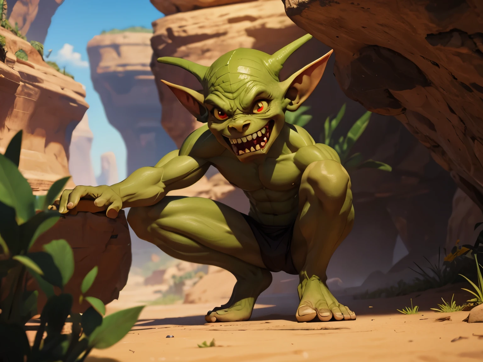tiny male goblin, green skin, red eyes, sharp teeth, large smile, drool, skinny body, cave background,