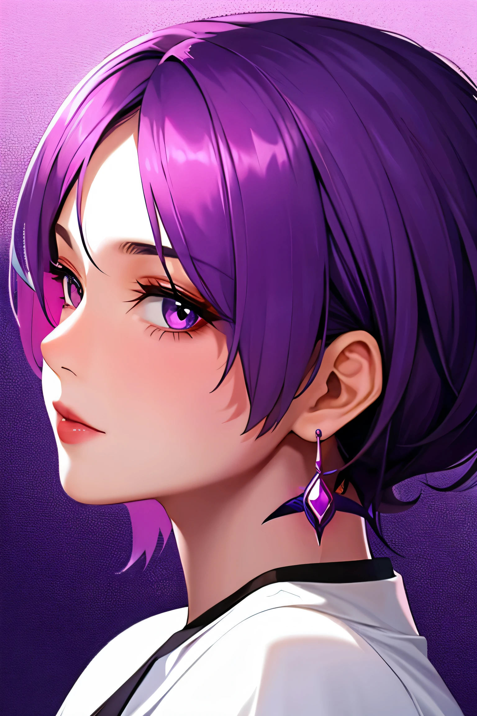 1 girl, alone,purple theme,looking at the viewer,portrait,From the side,evil woman,earrings,short cut hairstyle((mature woman))