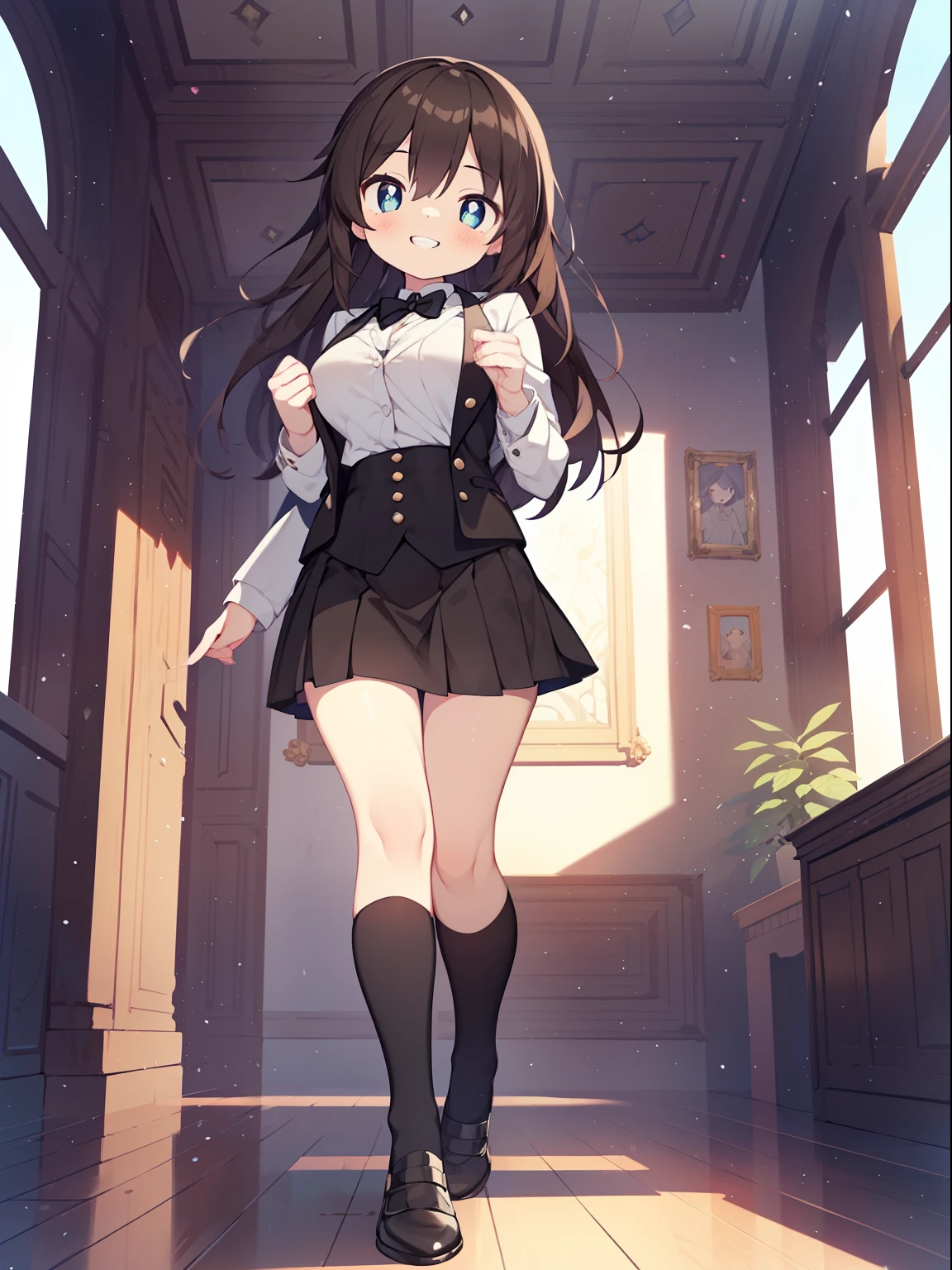 (Girl in a suit:1.2), (1 person:1.2),( girl)、young girl、big breasts、 nffsw、shader、highly detailed eyes、suit figure(White shirt、black tight skirt、black suit jacket)、long hair、light brown hair、silky hair、ultra-intricate pupil in eyes、highest quality、bright colors、Bust 100、big breasts、Standing picture of the game、Stirring composition、Composition looking up from below、Put one foot forward、Show the soles of your feet、Pose that emphasizes the chest、rub your chest、grinning expression、eyes half closed、open your mouth、fold your hands behind your back、Hide your hands、evil smile、whole body、cute