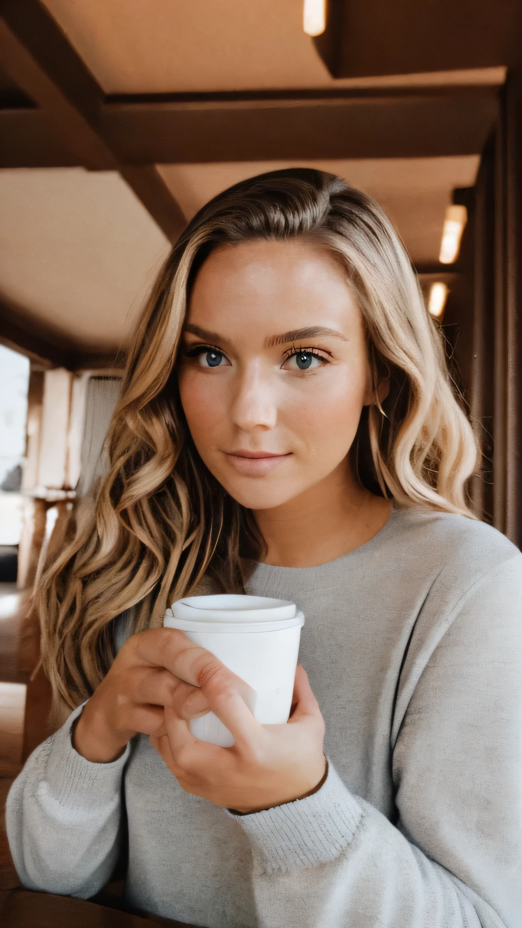 Beautiful blonde in pink sweater (Sipping coffee inside a modern café at sunset), Muy detallado, 21 years, Cara inocente, cabello ondulado natural, ojos azules, high resolution, obra maestra, Mejor calidad, detalles intrincados, muy detallado, Sharp focus, piel detallada, Realista skin textura, textura, ojos detallados, profesional, 4k, sonrisa encantandora, disparado en Canon, 85mm, Poca profundidad de campo, Kodak Vision Color, cuerpo en forma perfecta, extremadamente detallado, Foto_\(Ultra\), photoRealista, Realista, Postprocesamiento, maximum detail, Aspereza, vida real, Ultra Realista, fotorrealismo, Photography, 8k UHD, Photography