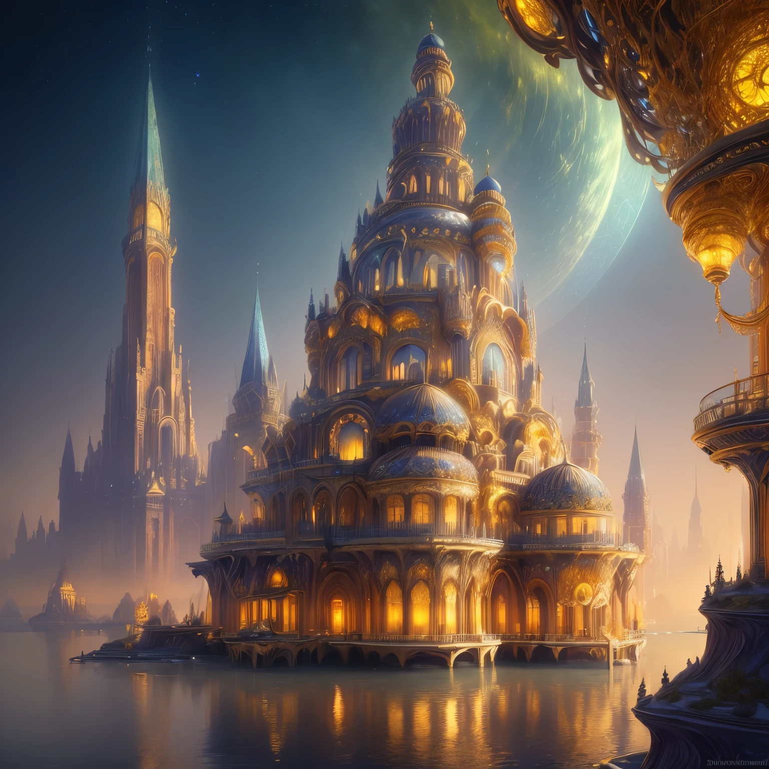 ((((masterpiece)), Ivory gold AI city night scene, Isometric, 3d rendering, very high definition, high detail, There is a big clock on a plate in the water, Gorgeous spaceship painting, 4k highly detailed digital art, Ornate gold-plated space machine, golden steampunk city atmosphere, fantasy. gondola boat, shocking fantasy 3d rendering, futuristic persian palace, fantasy highly detailed, beautiful detailed fantasy, futuristic palace, detailed fantasy digital art, magic fantasy highly detailed
