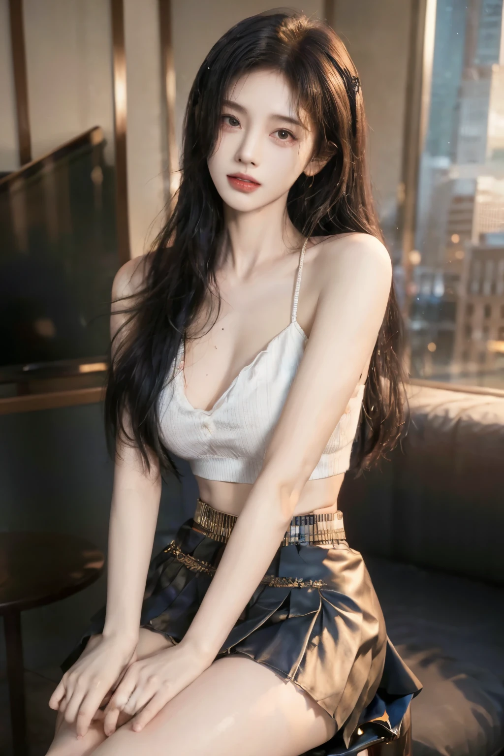 masterpiece, highest quality, realistic, 1 girl, street of new york, Sit with your legs apart in an M-shape and your butt on the floor...., night, ladies suits, Mini skirt OL, beautiful long hair, big ass, realistic美しいlegs, Clothes with a wide open chest, stockings, nipple protrusion, My whole body is sticky with body oil, trained body, abs, professional lighting, glowing skin, Full body photo up to the toes