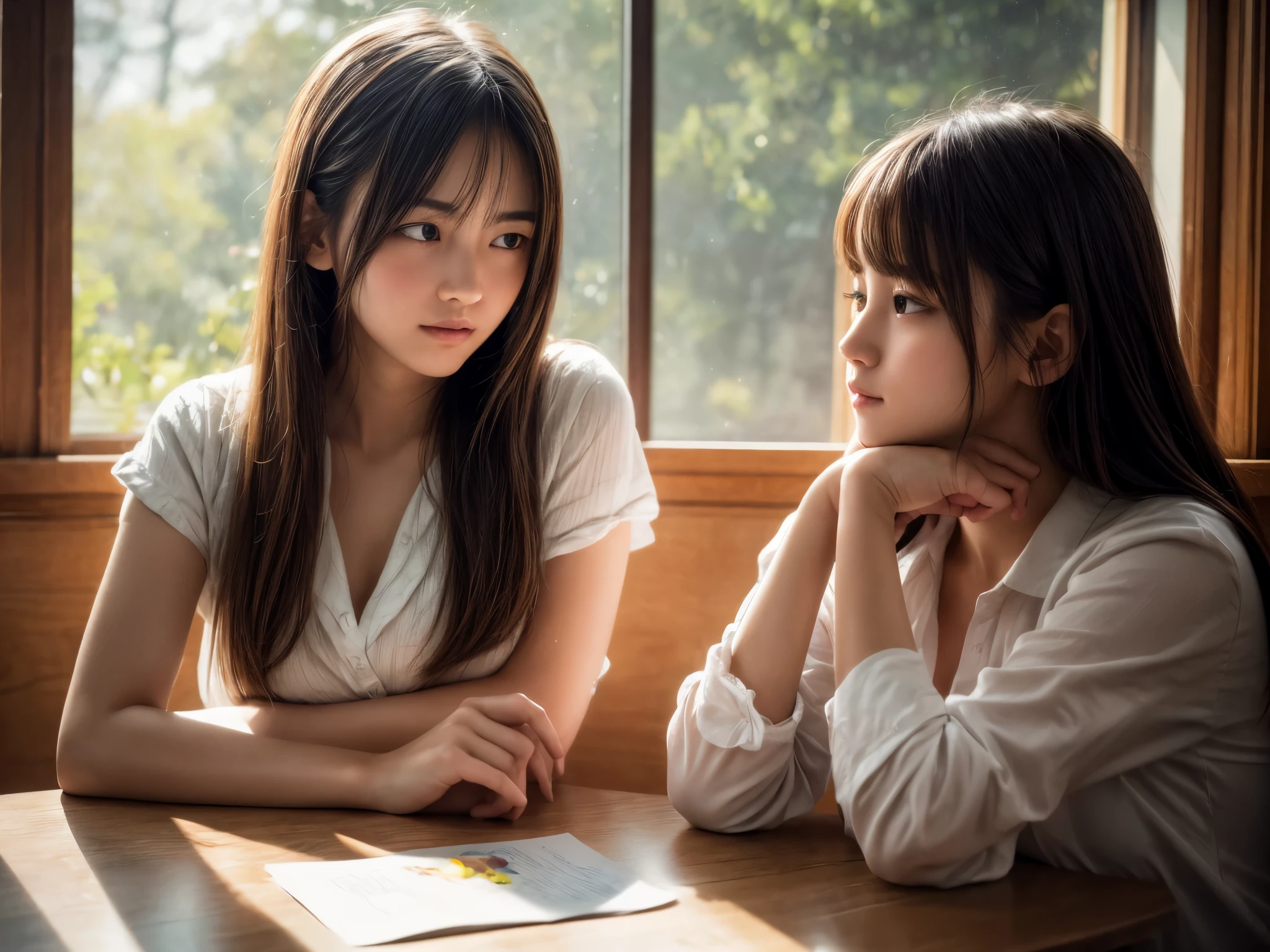 (Top Quality, 8K, High Resolution, masterpiece:1.2), ultra-detailed, realistic, physically based rendering, HDR, colorful lighting, In the classroom, a dozing, full body, schoolgirls are dozing
(best quality,4k,8k,highres,masterpiece:1.2),ultra-detailed,(realistic,photorealistic,photo-realistic:1.37),HDR,UHD,studio lighting,ultra-fine painting,sharp focus,physically-based rendering,extreme detail description,professional,vivid colors,bokeh,portraits
Two naked schoolgirls are dozing in a peaceful and cozy setting. The girls are nestled in a comfortable corner of a classroom, where soft sunlight spills through the window, creating a warm and gentle atmosphere. The girls are sitting side by side, leaning against each other, peacefully dozing off. Their faces are relaxed, exhibiting a sense of tranquility and contentment,
The girls are depicted with beautiful detailed eyes, capturing the innocence and serenity of their expressions. Their lips are also delicately defined, adding to the overall realism of their portrayal. The artist's exquisite brushwork brings out the texture of their hair, accentuating every strand with fine details. The rendering style is reminiscent of classical portrait paintings, showcasing a high level of technical skill and artistic mastery.