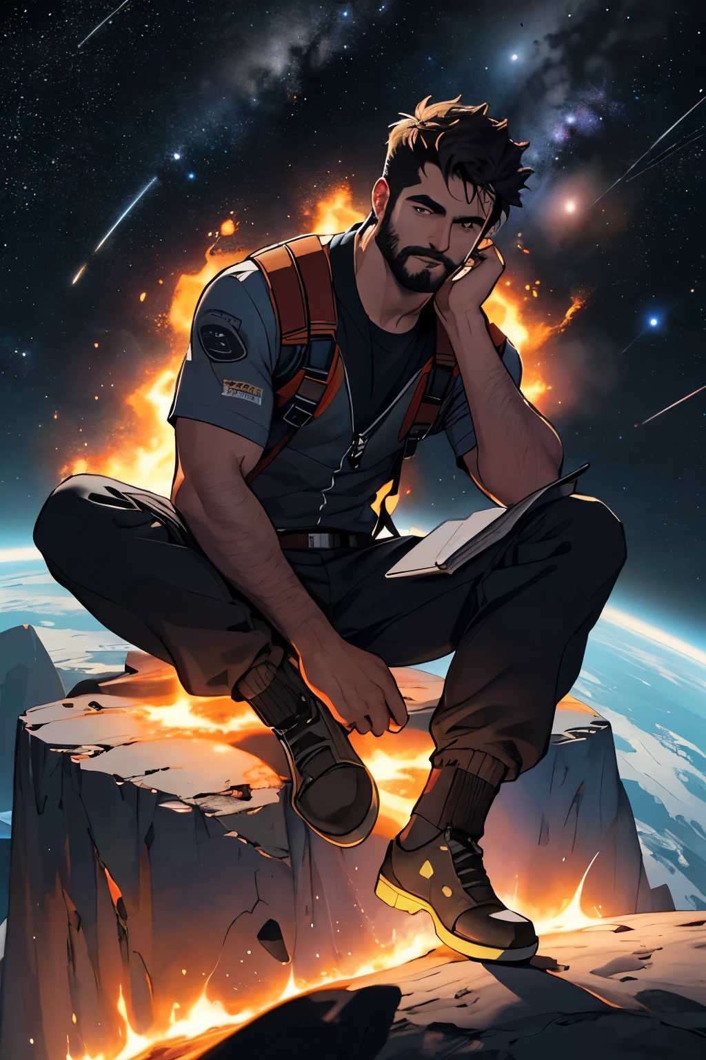 Desenhe um jovem programador, sitting on a research platform floating in the middle of an asteroid belt. He is studying with a notebook, surrounded by several asteroids glowing with auras of fire. Dramatic sea lighting from distant stars and planets illuminates the scene, casting deep shadows on the costume. O jovem parece confiante e determinado, Looking at the vast and mysterious universe with awe and respect,facial hair, tiro de vaqueiro,