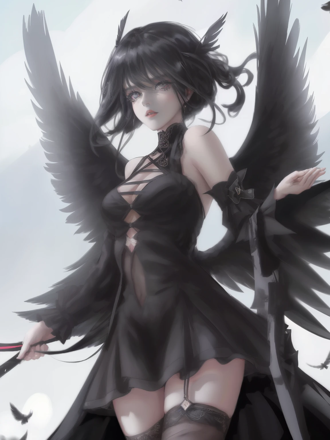 Highest quality,Highest Resolution,Beautiful girl with angry face in gothic lolita leotard,High leg,Floating in the air,Halo,Night Sky,Lightning strikes,Thick Lightning,Very beautiful red eyes,rain,豪rain,(((Black angel wings on the back))),whole body,front,Black Hair,holding a large spear in his hand,
