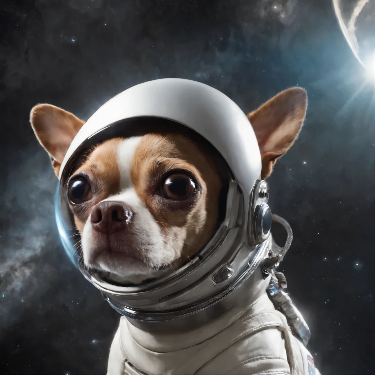 chuhuahua com roupa de astronauta: Represente um chihuahua realista vestindo uma roupa de astronauta, com todos os detalhes da roupa, como capacete, spacesuit and insignia. Pay attention to the dog's details, como texturas do pelo, olhos, muzzle and facial expressions, to create a realistic and expressive look. Alien spacecraft: Create an alien spaceship with a unique and futuristic design. Add complex technical details, as control panels, luzes, janelas e outros elementos visuais interessantes. Use realistic textures and materials to give the spacecraft a sense of authenticity.Ambiente espacial: Represent outer space with a dark, deep sky, repleto de estrelas brilhantes e nebulosas. Adicione elementos espaciais, como asteroides, planetas distantes e outros objetos celestes, para criar um ambiente imersivo e realista.Use careful lighting to highlight the dog, the astronaut suit and the spacecraft. Certifique-se de que a luz esteja posicionada de forma a criar sombras e reflexos realistas, to give depth and realism to the image. Create the image with a resolution of 8K (7680x4320 pixels) and in proportion 16:9, ensuring a sharp image suitable for widescreen formats.
