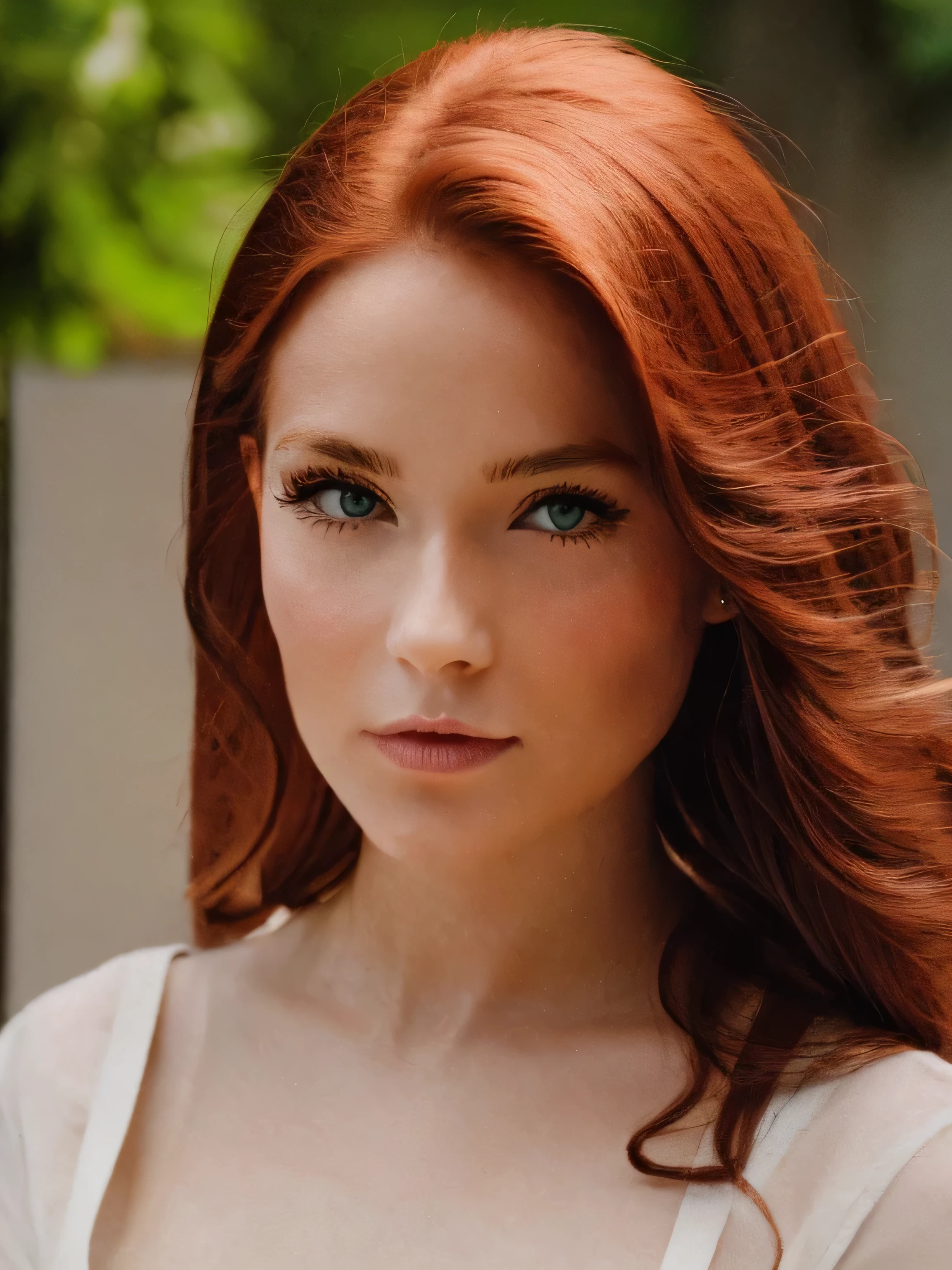 "Imagine a frontal photo of a young woman in her 20s with surprising beauty.. Su cabello rojo cae en suaves ondas., enmarcando delicadamente su rostro. Su piel de porcelana resalta su juventud y frescura., mientras sus ojos verdes cautivan, reflect the vitality of your spirit. Los rasgos de su rostro son armoniosos y delicados., with small nose and naturally defined lips. Su belleza es como un resplandor juvenil que ilumina cualquier lugar donde se encuentre.."