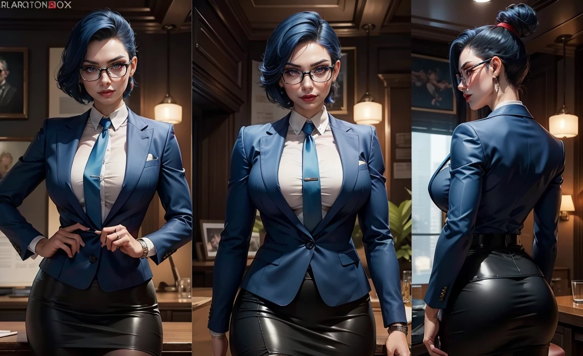 ((Masterpiece, Highest quality)), 8k, Detailed face, (character design sheet), full bodyesbian, Full of details, frontal body view, back body view, Highly detailed, Depth, Many parts, Multiple poses and expressions (mature woman) (short blue hair faded, undercut hairstyle) (red eyes), 35 years old, (name:Milana fox) ,dominant gorgeous girl, same character, muscle body, evil smile, angry expression red lips, (business suit), girl tall, chokers, (Sexy Office Lady ), tattoos, glasses, (short blue skirt), white shirt, pantyhose, stocking, black tie