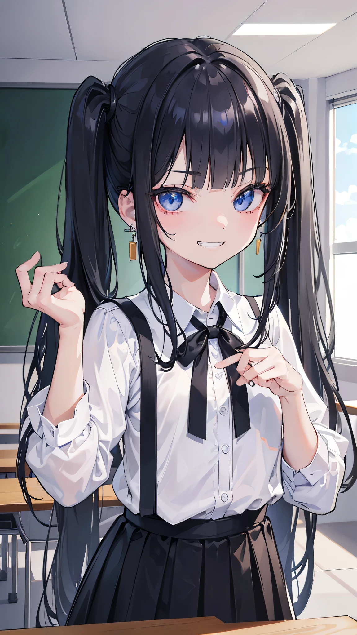 (8K、Highest image quality、highest quality、masterpiece)、detailed face、1 girl、black hair、long hair、twintails、blunt bangs、light blue eyes、lots of earrings、((evil small))、((grin))、Moderate chest、white shirt、black pleated skirt、Are standing、put one&#39;s hand on the desk、、Taken from behind、((classroom background))、((nsfw))