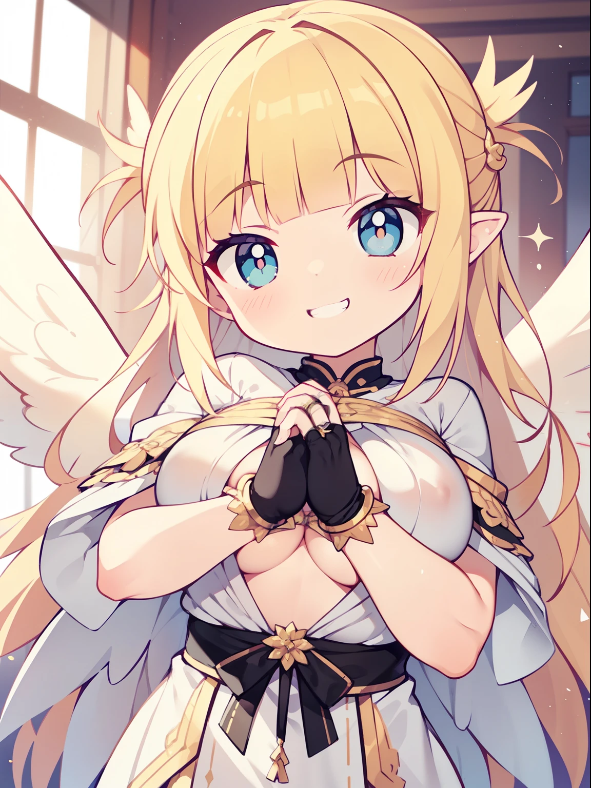 (angel girl:1.2), (1 person:1.2),(10 year old girl)、young girl、big breasts、 nffsw、shader、highly detailed eyes、angel costume(white toga clothes、angel wings、angel ring)、long hair、underide boob、blonde、silky hair、ultra-intricate pupil in eyes、highest quality、bright colors、Bust 100、Standing picture of the game、Stirring composition、Composition looking up from below、Pose that emphasizes the chest、rub your chest、black shiny gloves、grinning expression、eyes half closed、open your mouth、fold your hands behind your back、Hide your hands、evil smile、whole body、beautiful