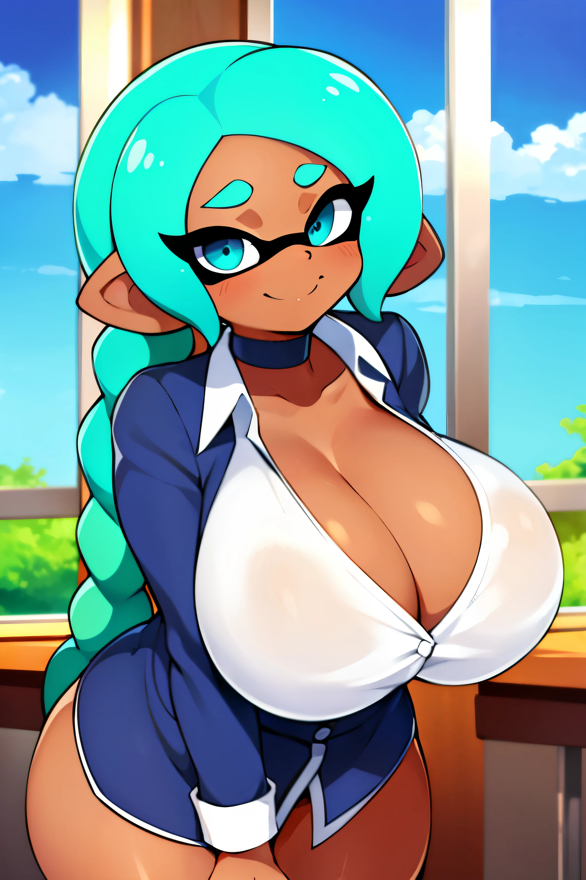(By kilinah) best quality, long layered vibrant cyan braided hair going around and over her shoulder, green tie around her neck, splatoon female, thicc and sexy body, makeup, round ears, tan undersized school outfit clenching her skin, boob window in her tan school uniform and darker cyan tie, big breasts and massive nipples outlined in her shirt, eyes half closed, pulling her shirt under her breasts, blue choker, slutty woman, looking at the viewer, jewelry, half-closed eyes, sexy smirk, fat butt and big thighs, long braided hair, inside a school classroom by the window, taking off her shirt, bending over towards the viewer, tan eyes, detailed eyes, 3DMM, innocent face