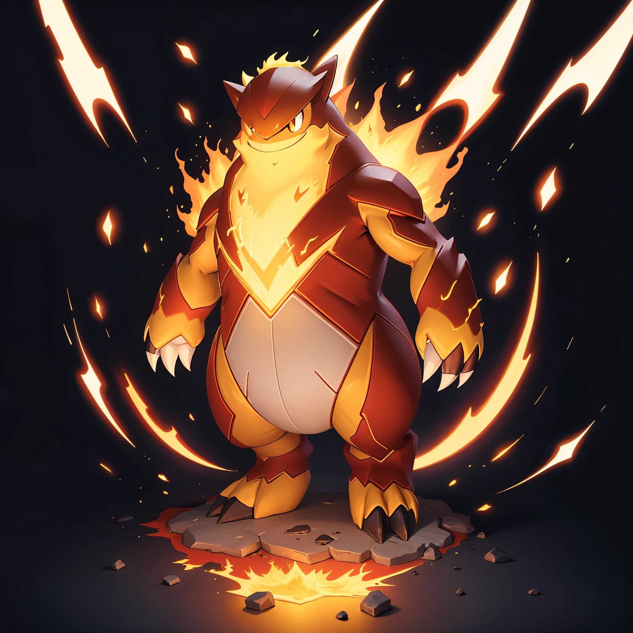 baodianxiong,full body,grin,looking at viewer,no humans,pokemon \(creature\),simple background,smile,solo,standing,breathing fire,burning,flame,claws,full body,glowing eyes,no humans,molten rock,embers,explosion,electricityfiery hair