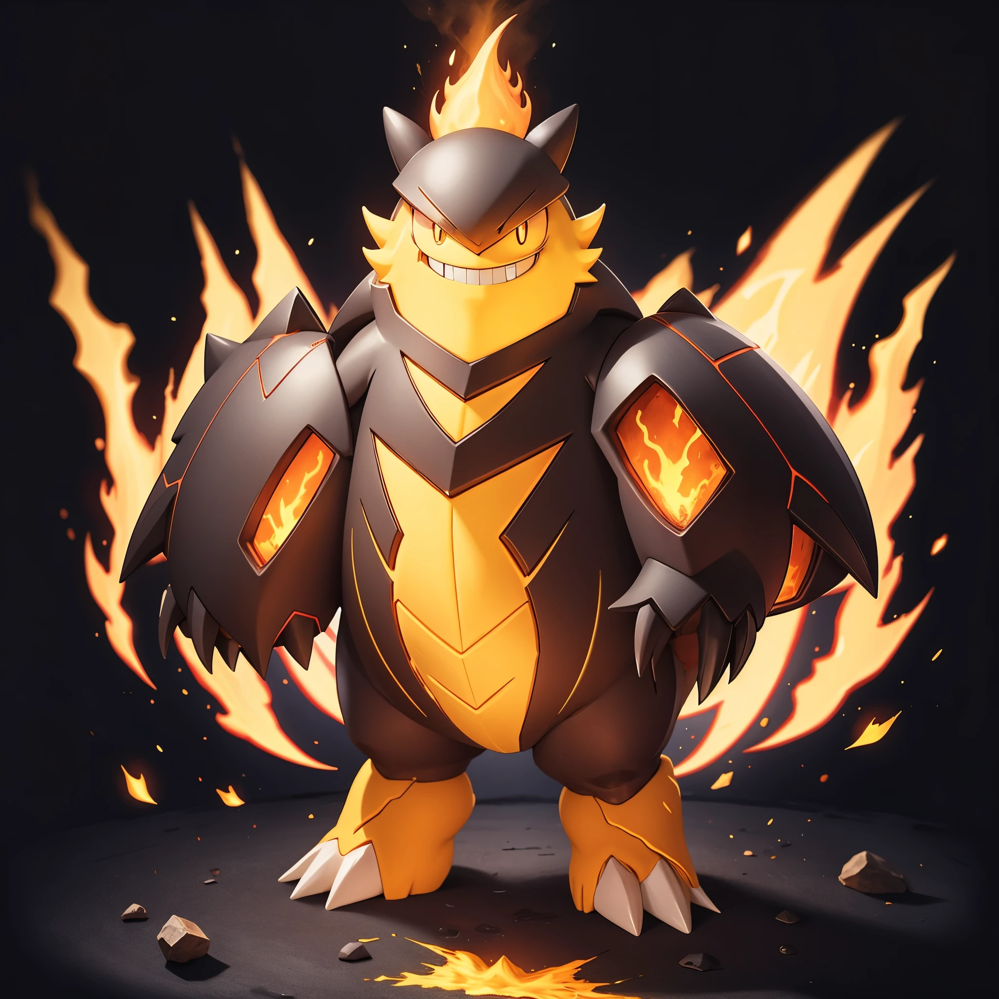 baodianxiong,full body,grin,looking at viewer,no humans,pokemon \(creature\),simple background,smile,solo,standing,breathing fire,burning,flame,claws,full body,glowing eyes,no humans,molten rock,embers,explosion,electricityfiery hair