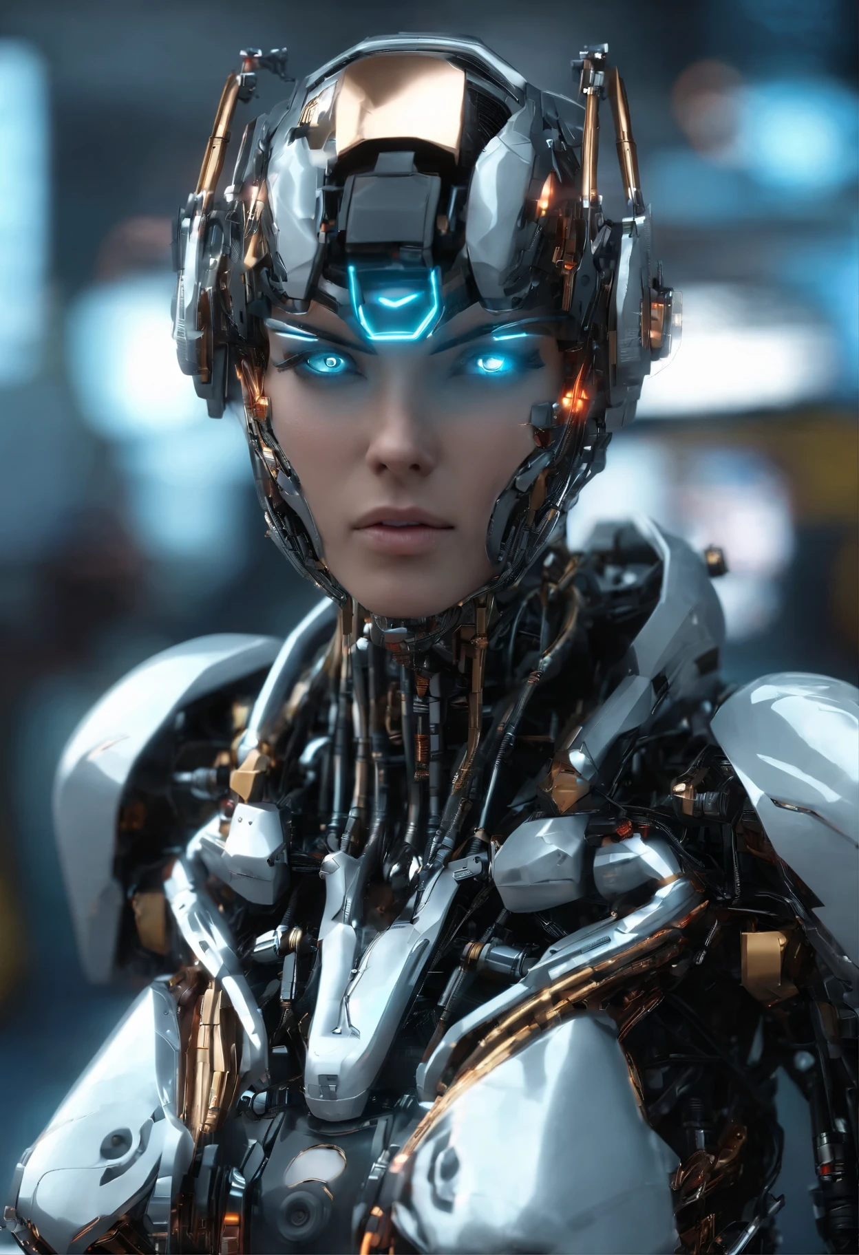 Mulher vestida com Gundam mecha , pernas longas,busto grande,Science fiction, vista frontal, sense of science and technology, C4D, Renderizador OC, Illusion engine, alto detalhamento, desenho industrial, 8K HD, studio lights, retro,rosto refinado,Olhos delicados,busto,olhos grandes