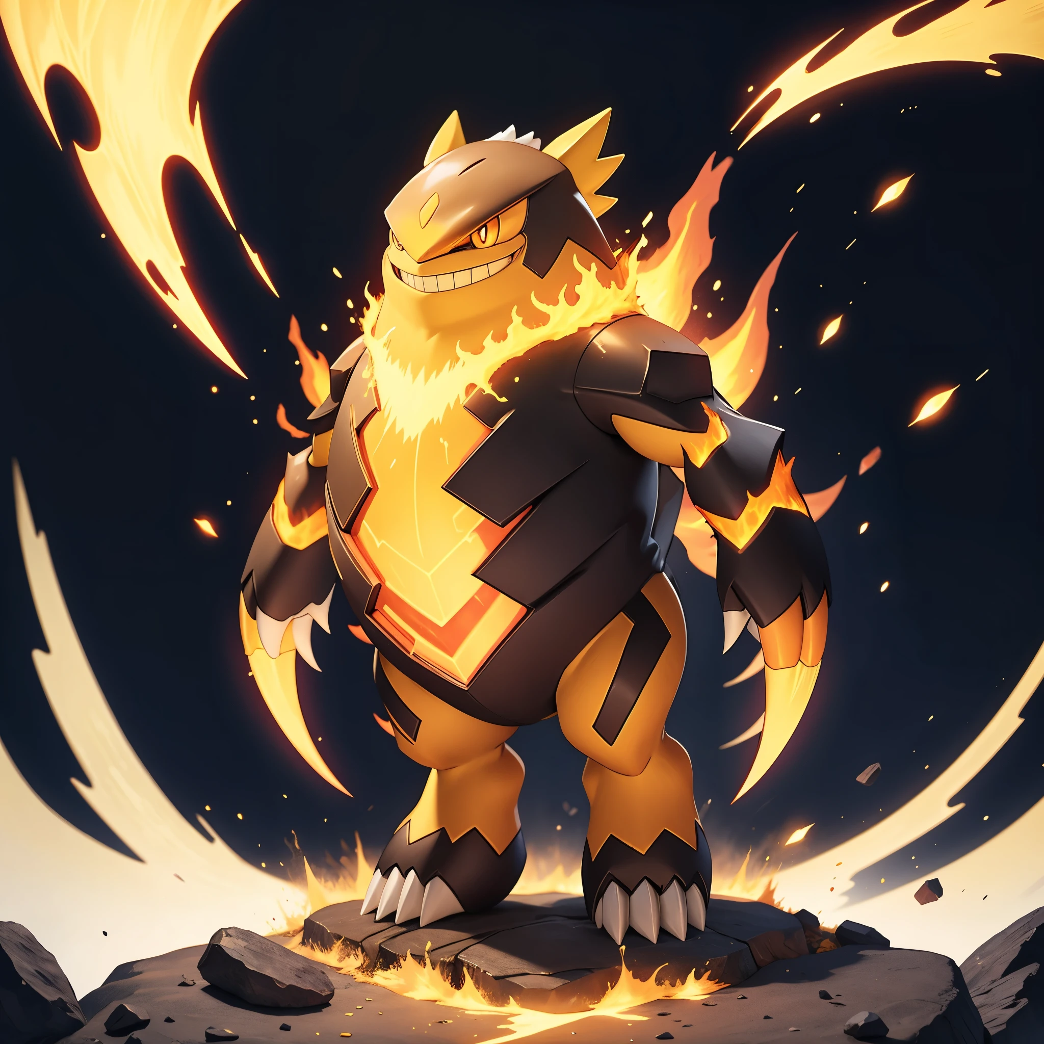 baodianxiong,full body,grin,looking at viewer,no humans,pokemon \(creature\),simple background,smile,solo,standing,breathing fire,burning,flame,claws,full body,glowing eyes,no humans,molten rock,embers,explosion,electricityfiery hair