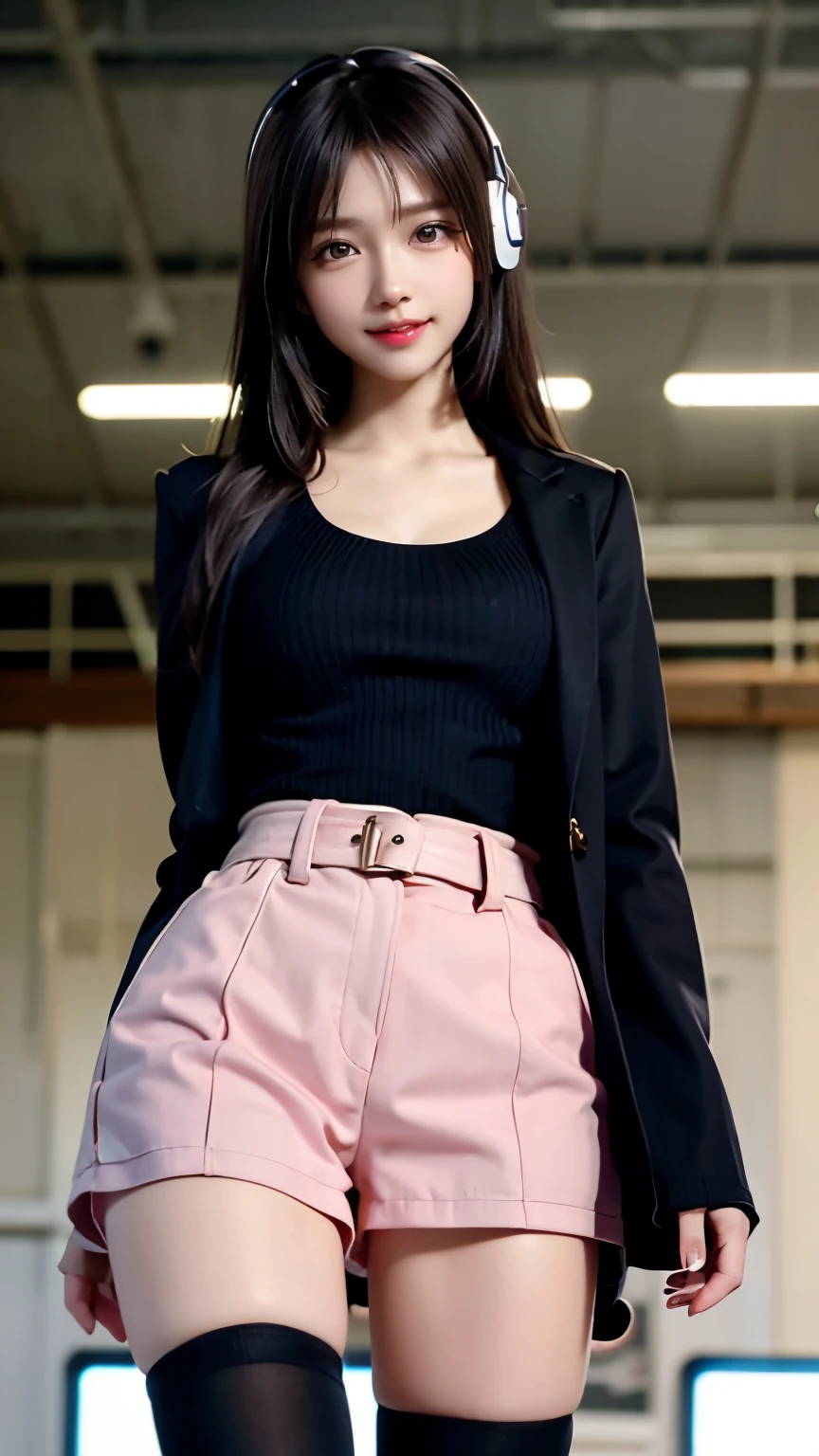 culottes、Supermodel、Perfect build、Muchimuchi、Three girls are looking at the viewer、 3 girls、、Thighhighs、beautiful feet、hot pants、coat、cyber punk、headphone、gentle smile、Seen by girls from below、Innocent face
